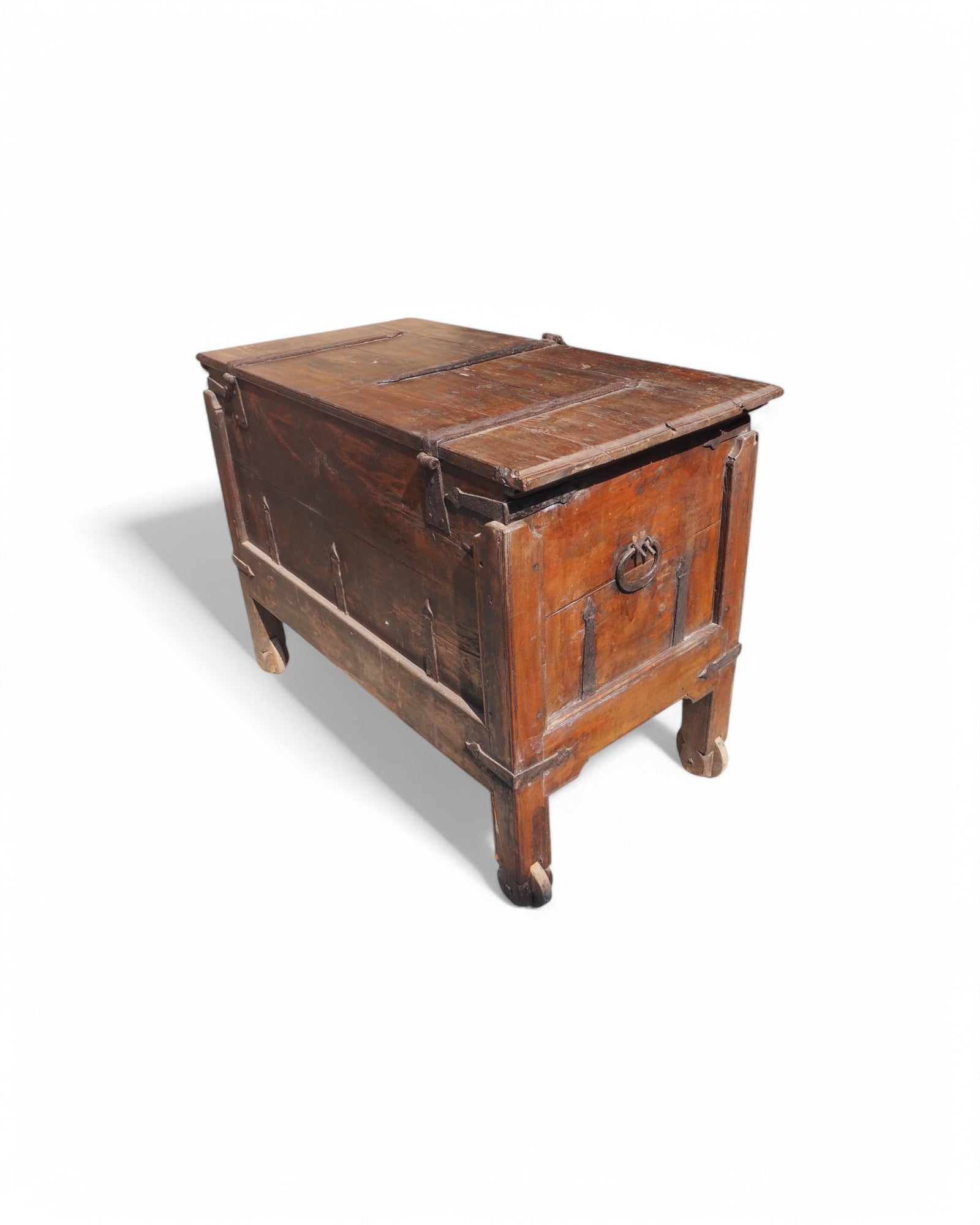 Antique Teak Goa Wheeled Storage Chest 1900s