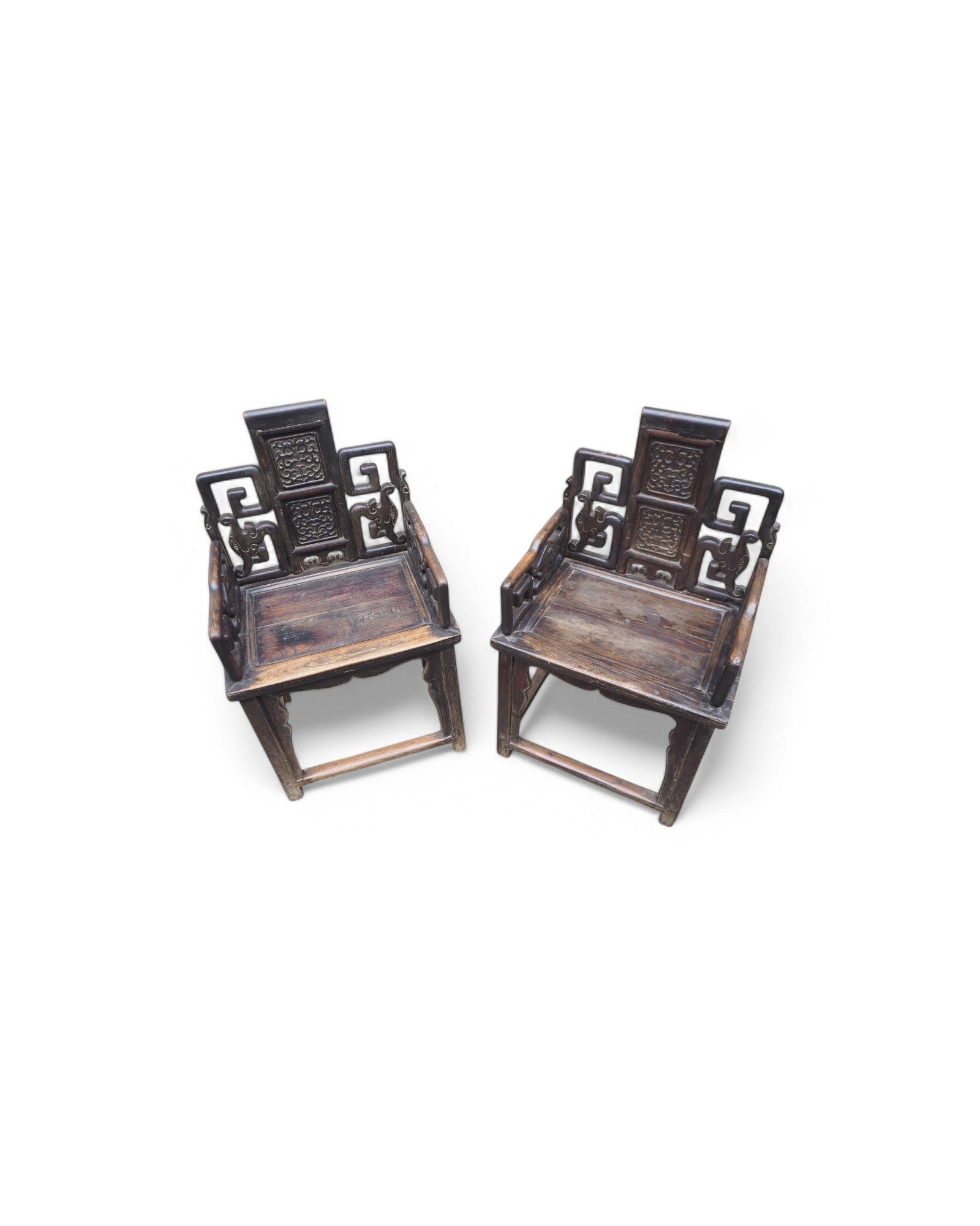 Mid Qing Dynasty Black Elm Lacquered Zhuo Vine Armchairs - Set of 2