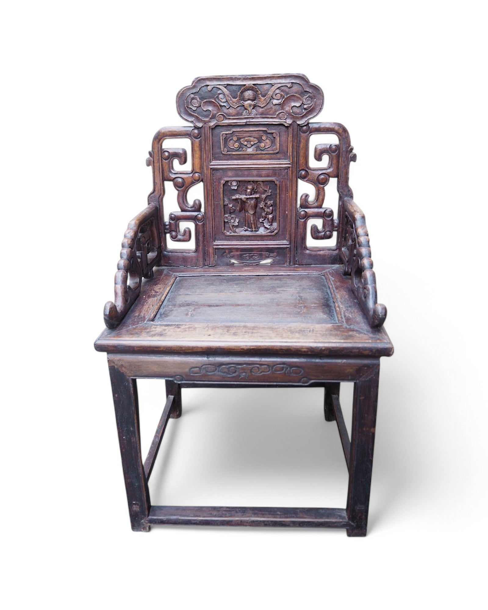 Antique Late Qing Cedar Daily Life Scenic Dining Armchairs - Set of 8