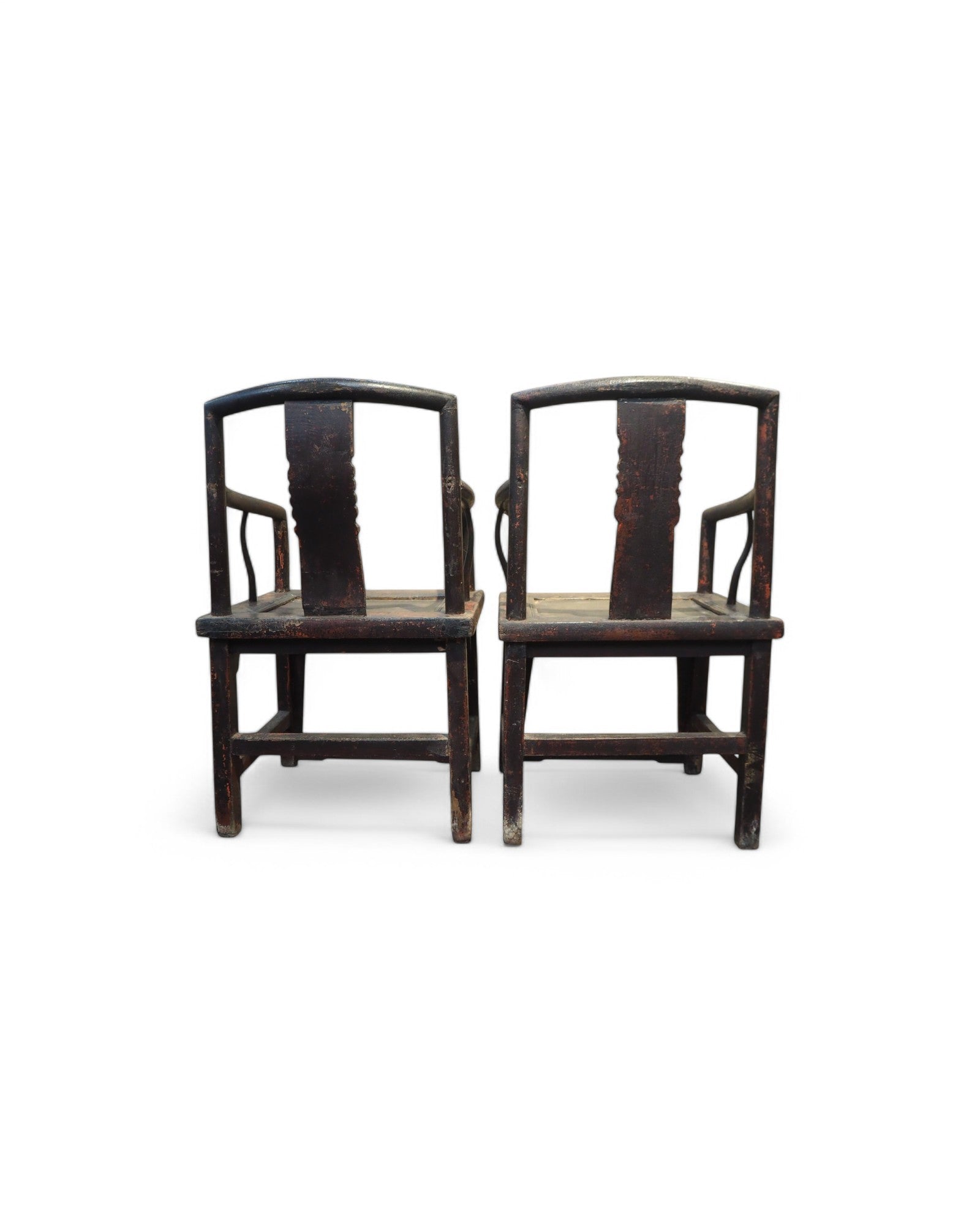 Red Mid Qing Burned Elm Carved Middle Qing Armchairs - Set of 2