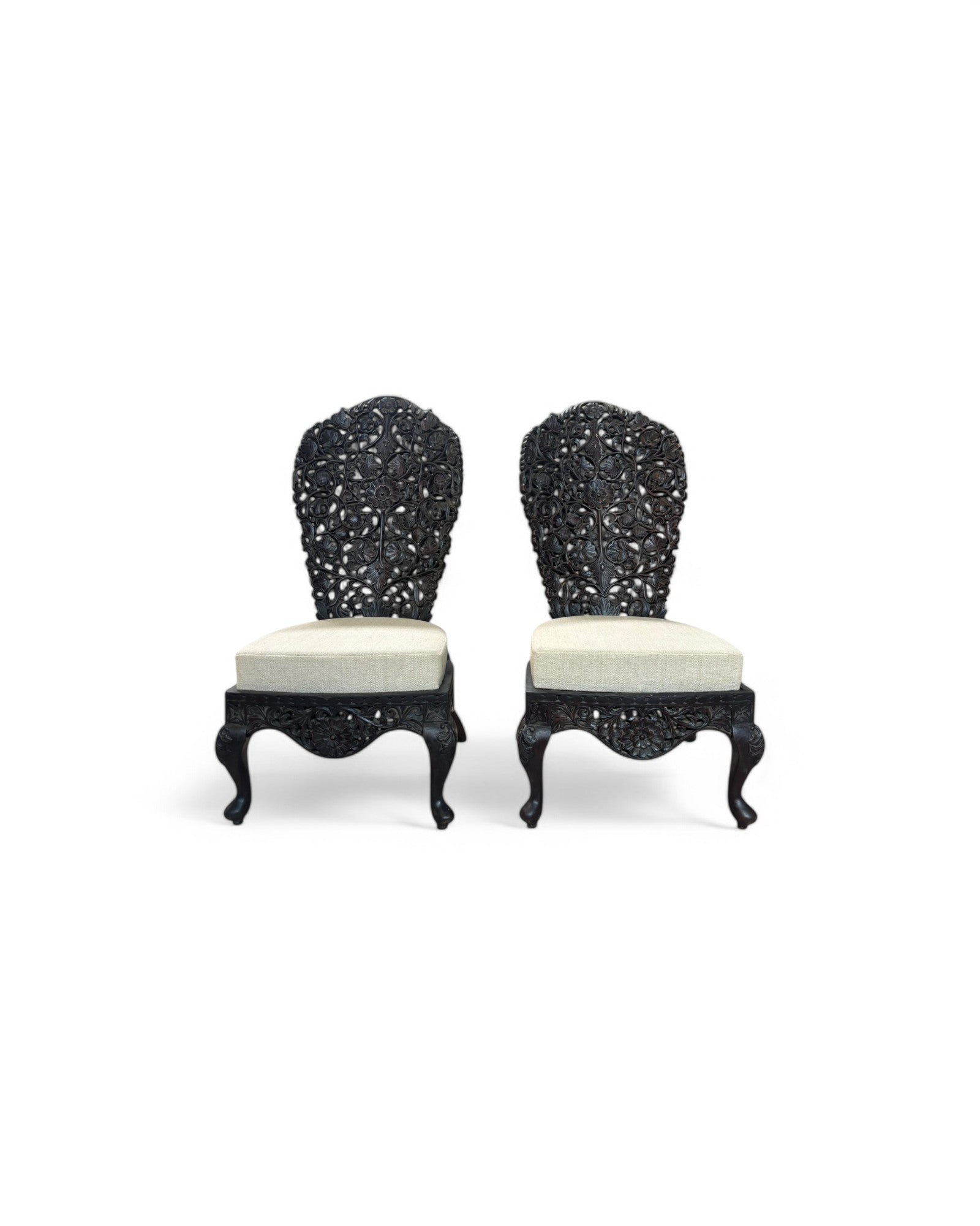 Anglo-Indian Teak Carved Lounge Chair - Set of 2
