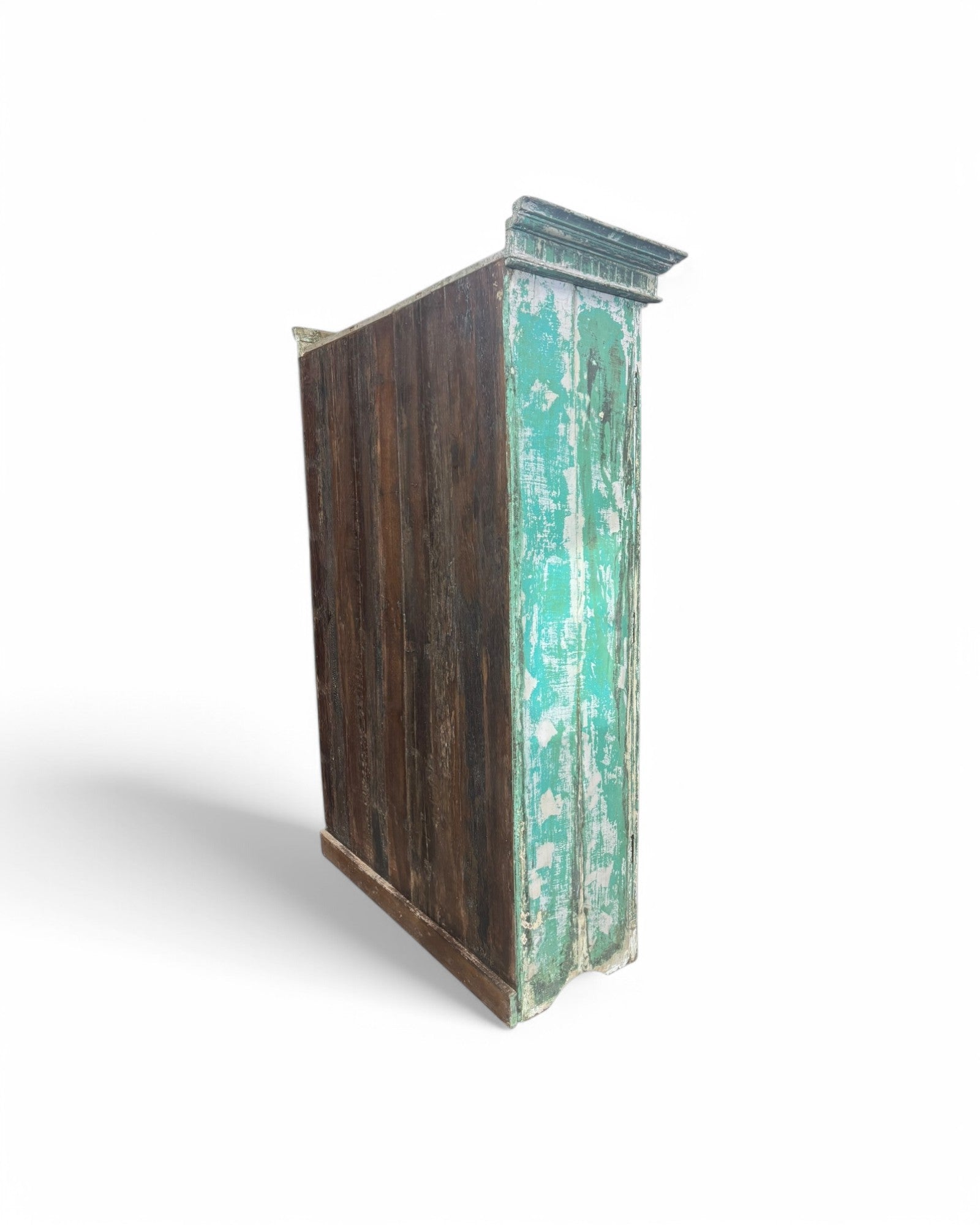 Turquoise Indian Teak Wood Almirah Cabinet with Paneled Foldable Glass Doors