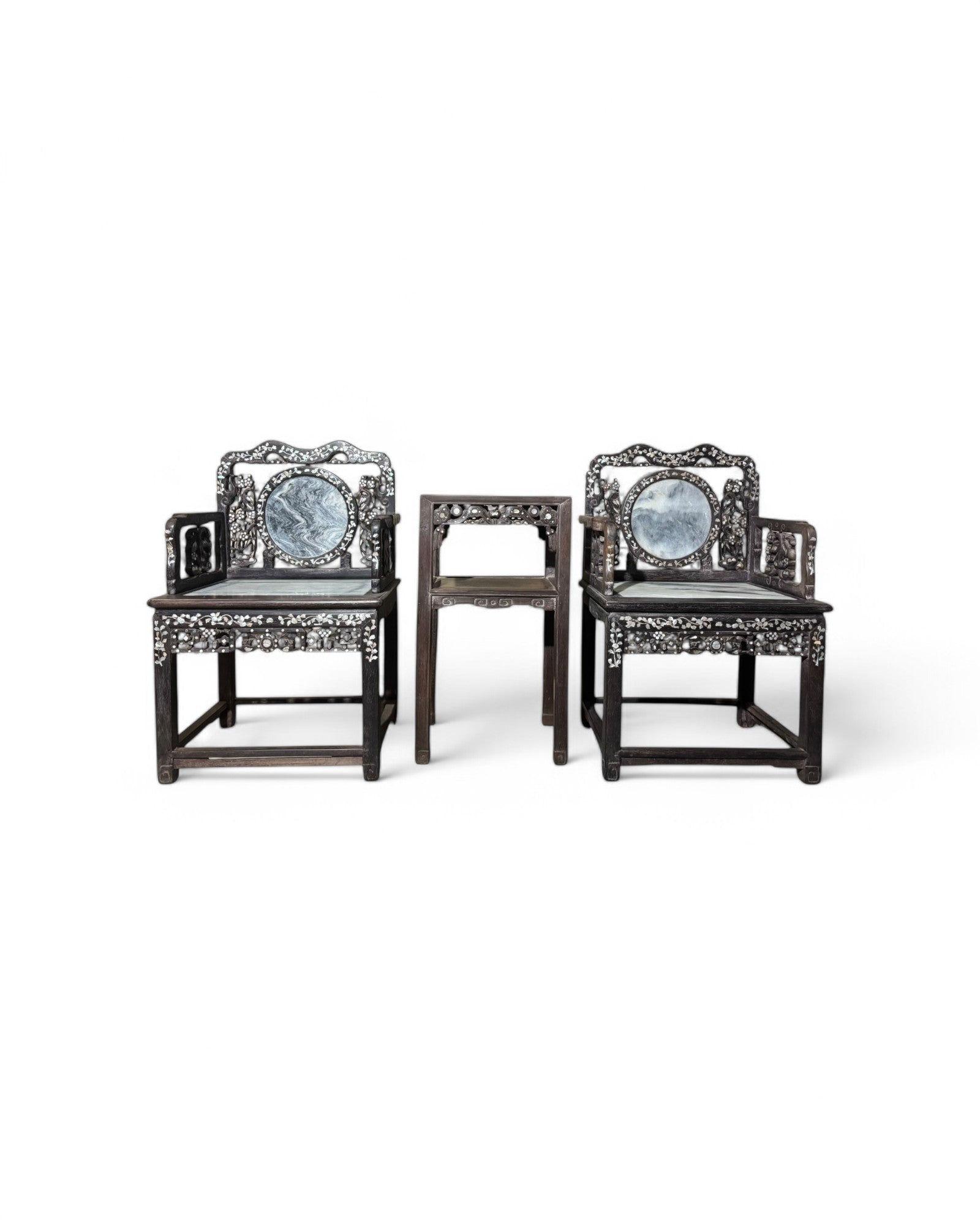 Chinese Pearl & Marble Engraved Tea Table Set - Set of 3