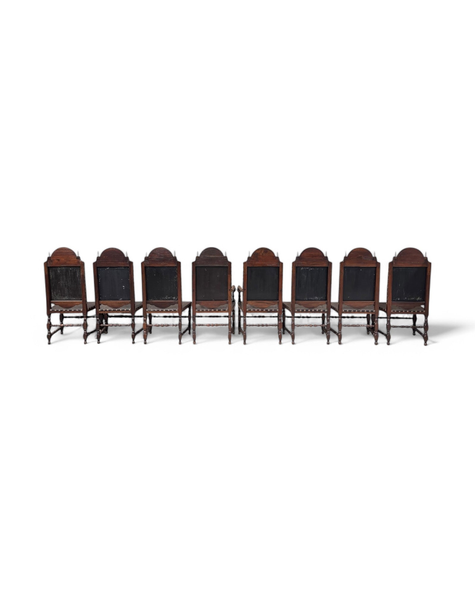 Portugese Embossed Leather Oakwood Dining Chairs - Set of 8