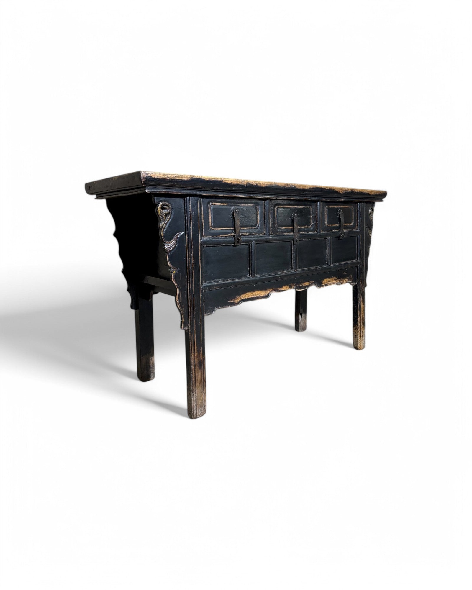 Faded Black Antique Chinese Sideboard with Tri-Drawers