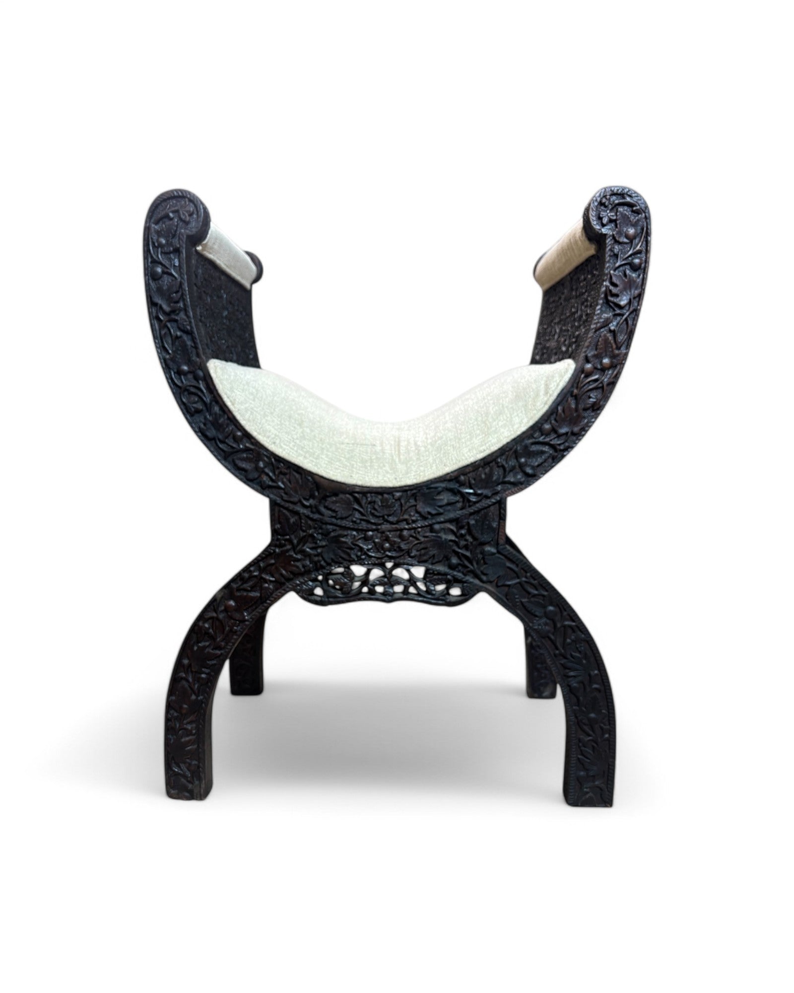 Anglo-Indian Teak Carved Window Seat with Cream Reupholstered Cushioning