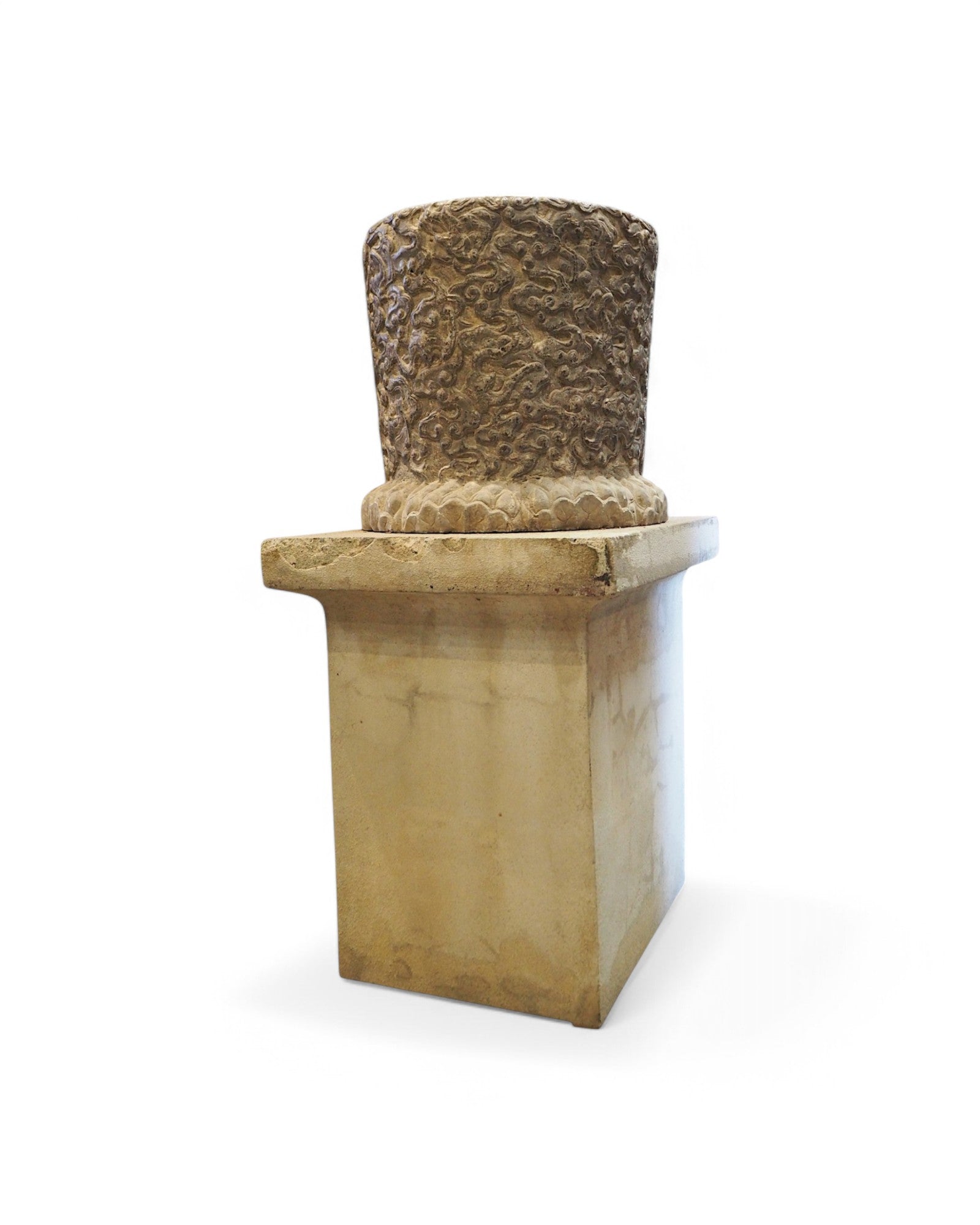 Cylindrical Chinese Limestone Carved Planters - Set of 2