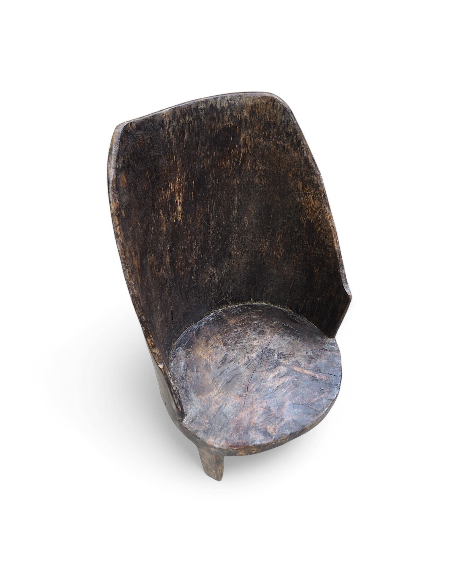 1900s Tribal Hand Carved Low Ornate Chair - Washed Black