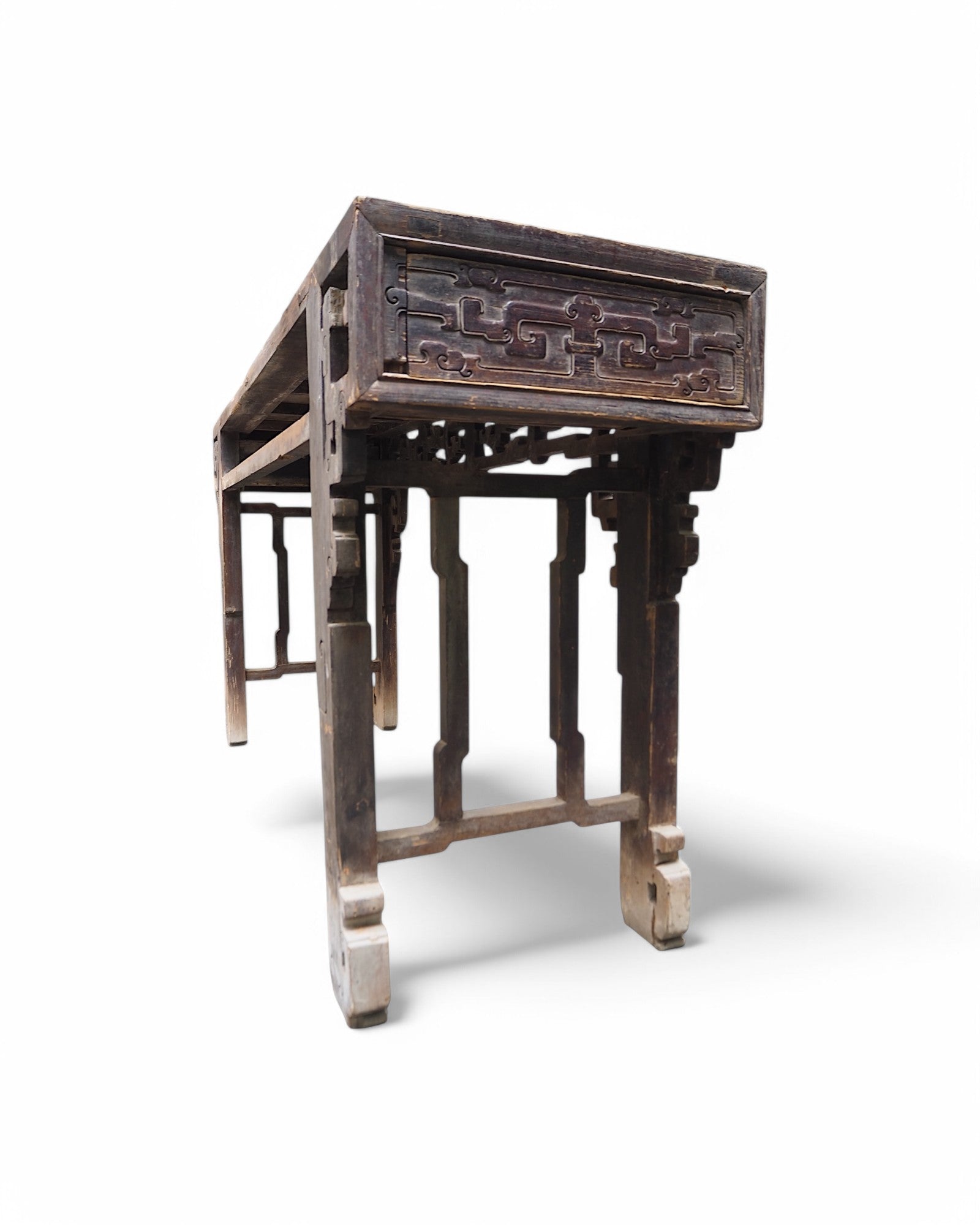 Fujian Elm Black Lacquered Antique Ornate Console Qing Dynasty