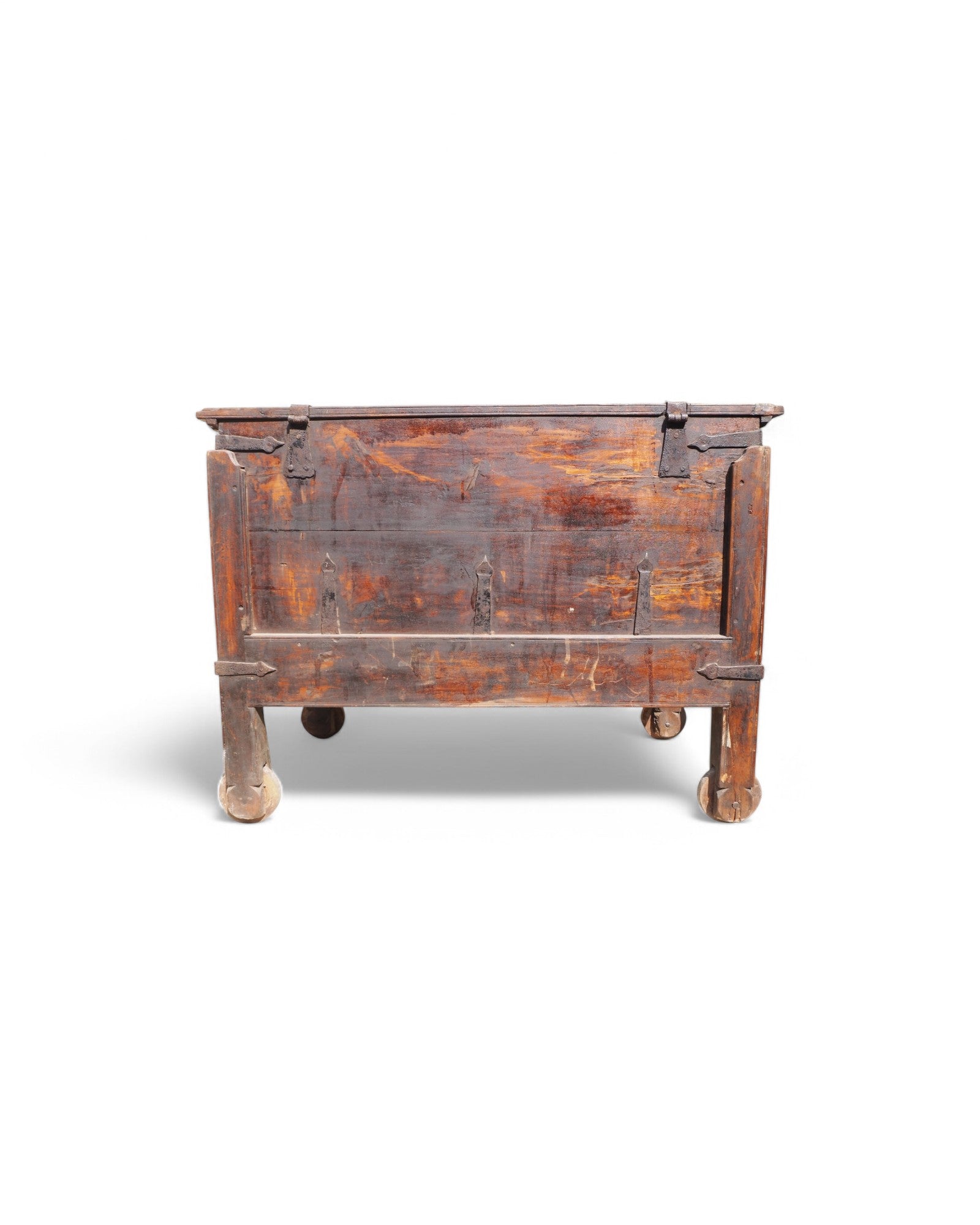 Antique Teak Goa Wheeled Storage Chest 1900s