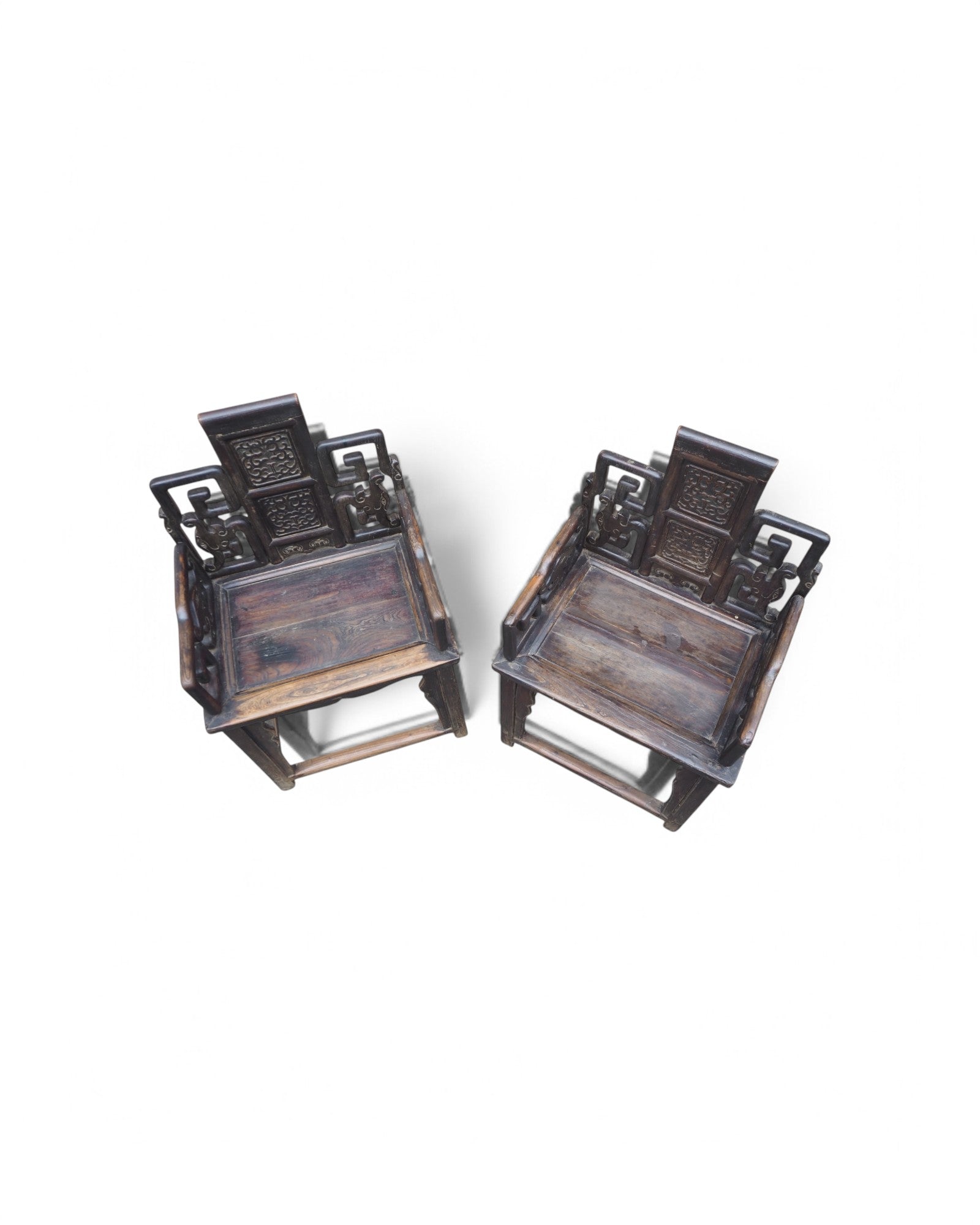 Mid Qing Dynasty Black Elm Lacquered Zhuo Vine Armchairs - Set of 2