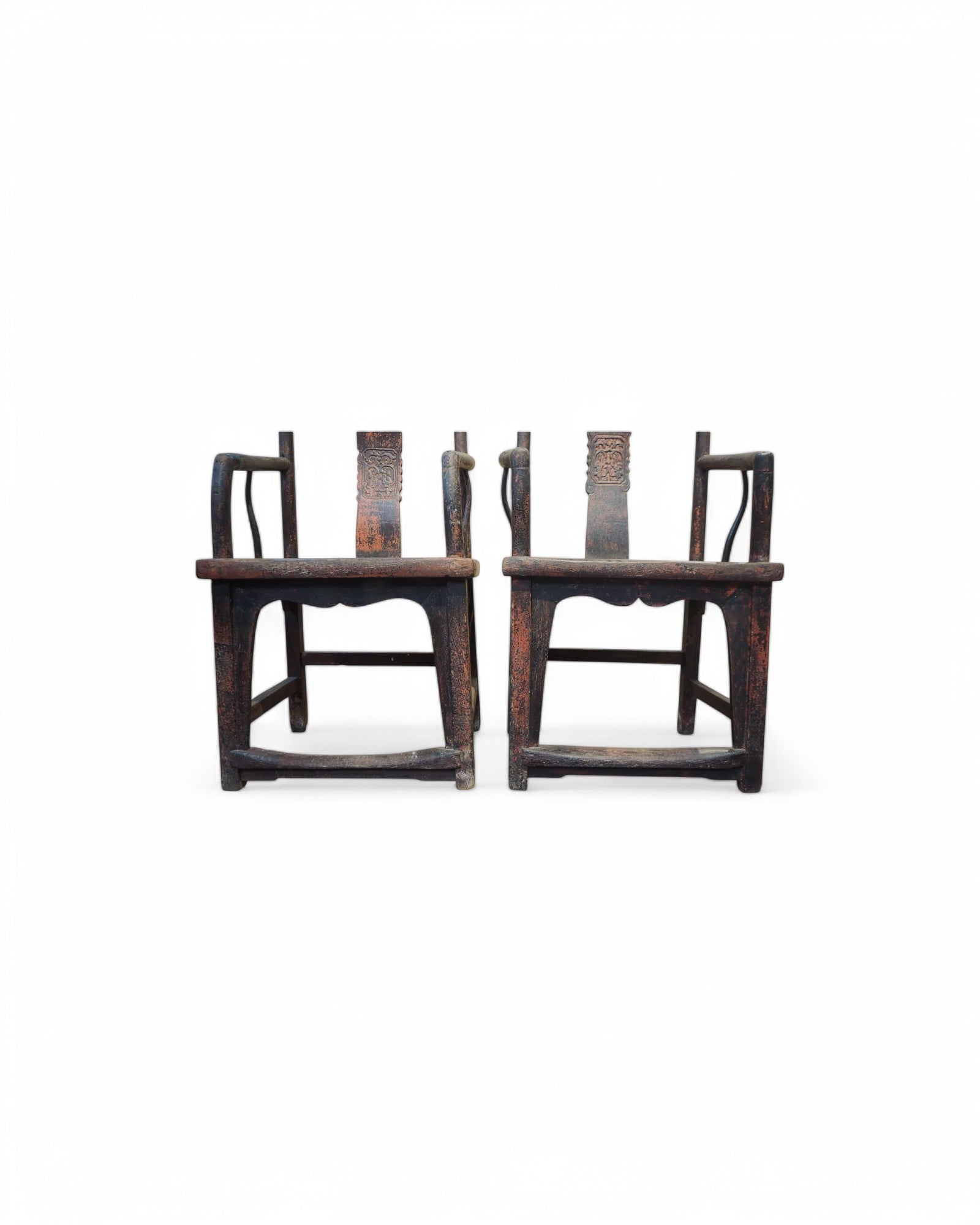 Red Mid Qing Burned Elm Carved Middle Qing Armchairs - Set of 2