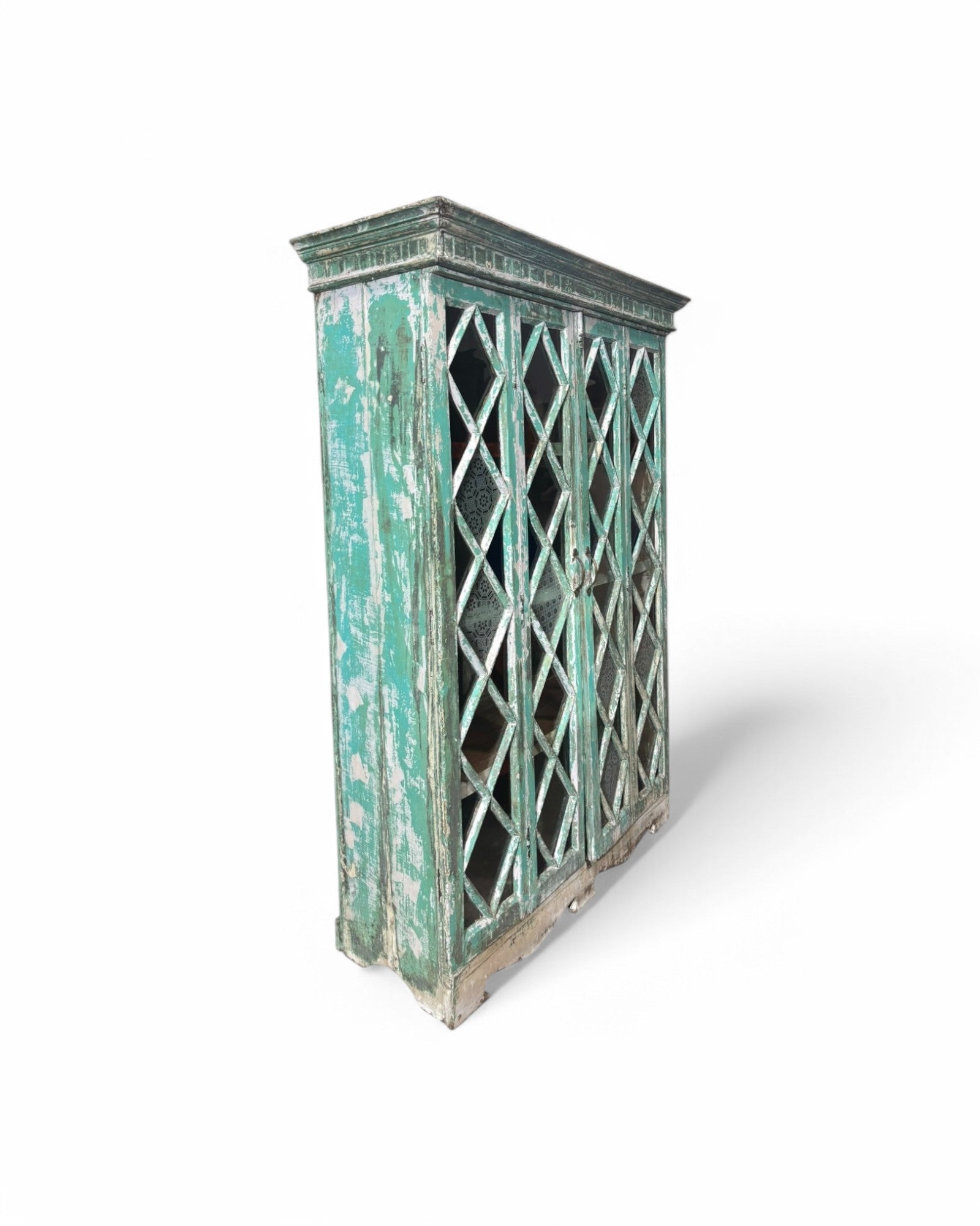 Turquoise Indian Teak Wood Almirah Cabinet with Paneled Foldable Glass Doors