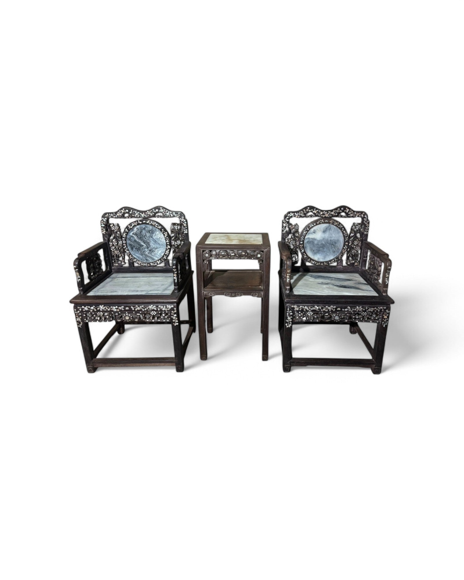 Chinese Pearl & Marble Engraved Tea Table Set - Set of 3