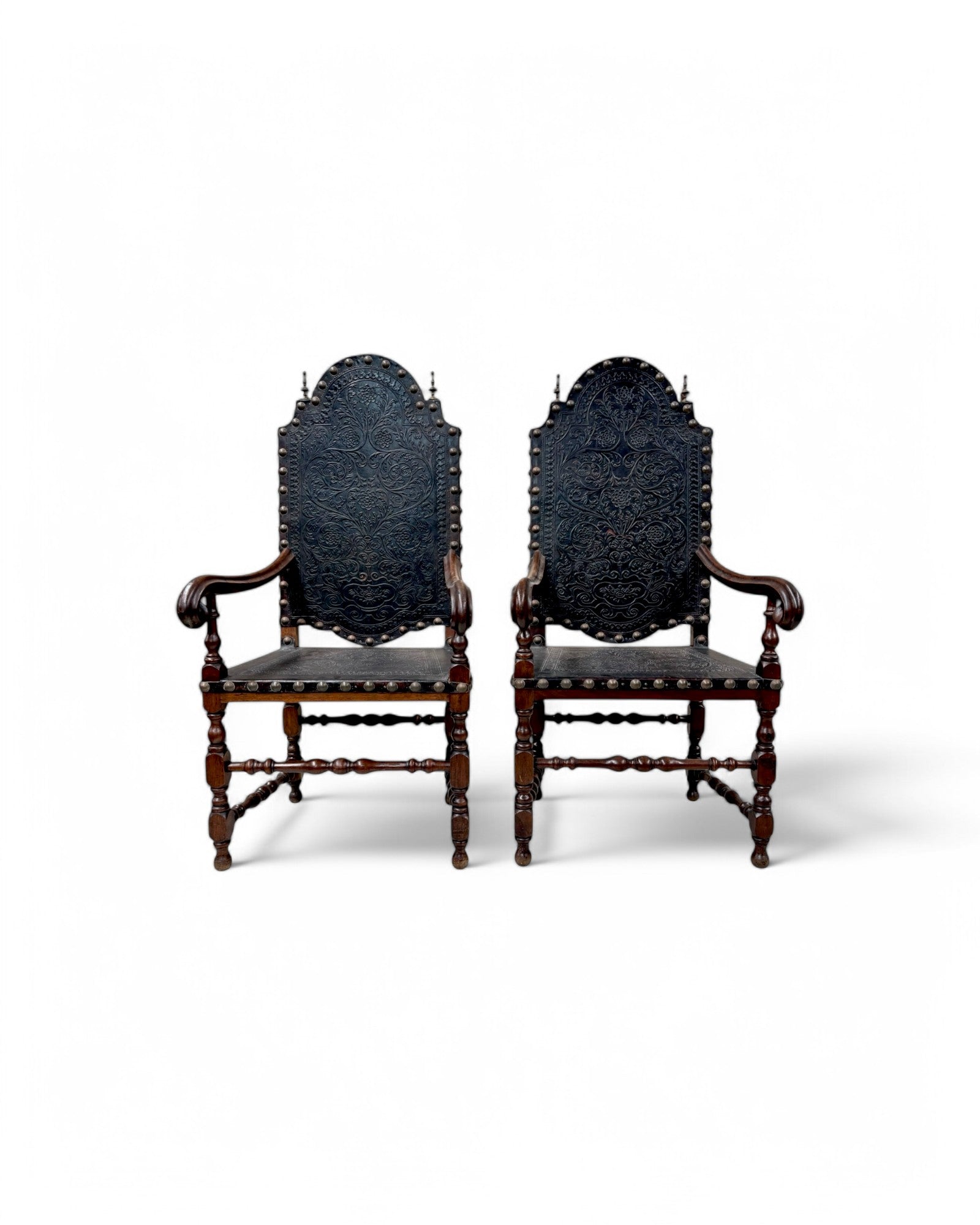 Portugese Embossed Leather Oakwood Dining Chairs - Set of 8