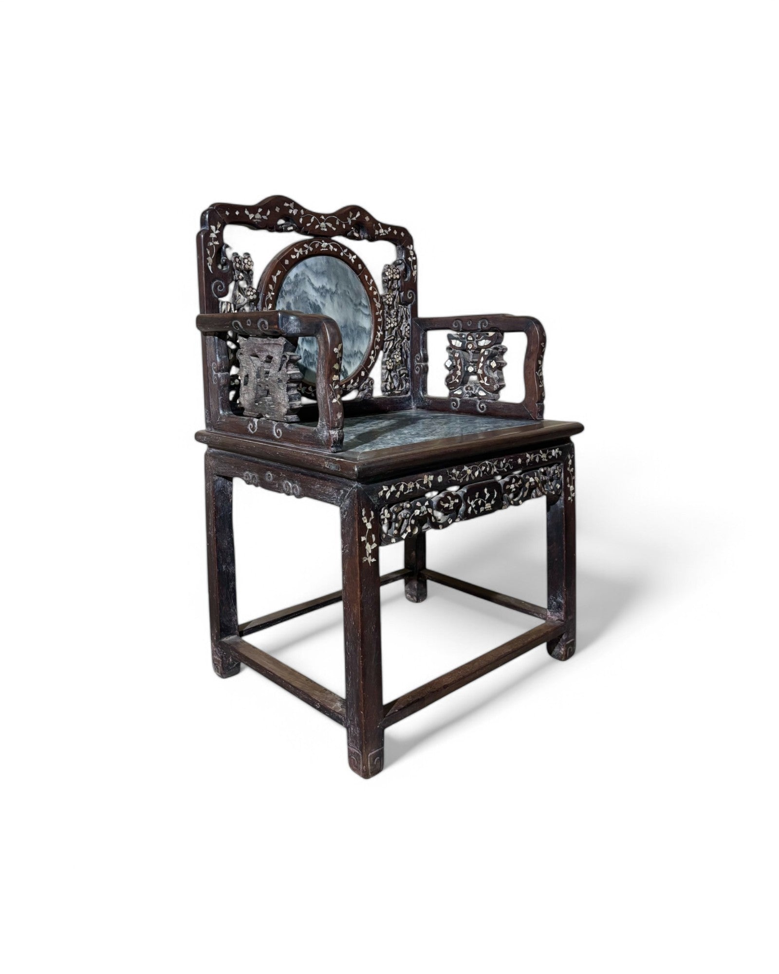 Chinese Pearl & Marble Engraved Tea Chair