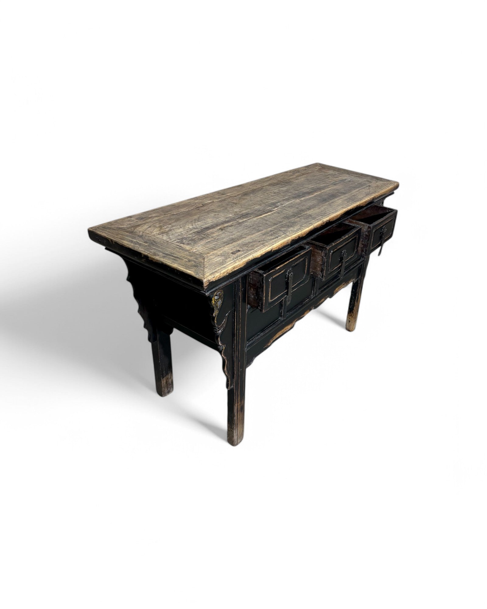 Faded Black Antique Chinese Sideboard with Tri-Drawers