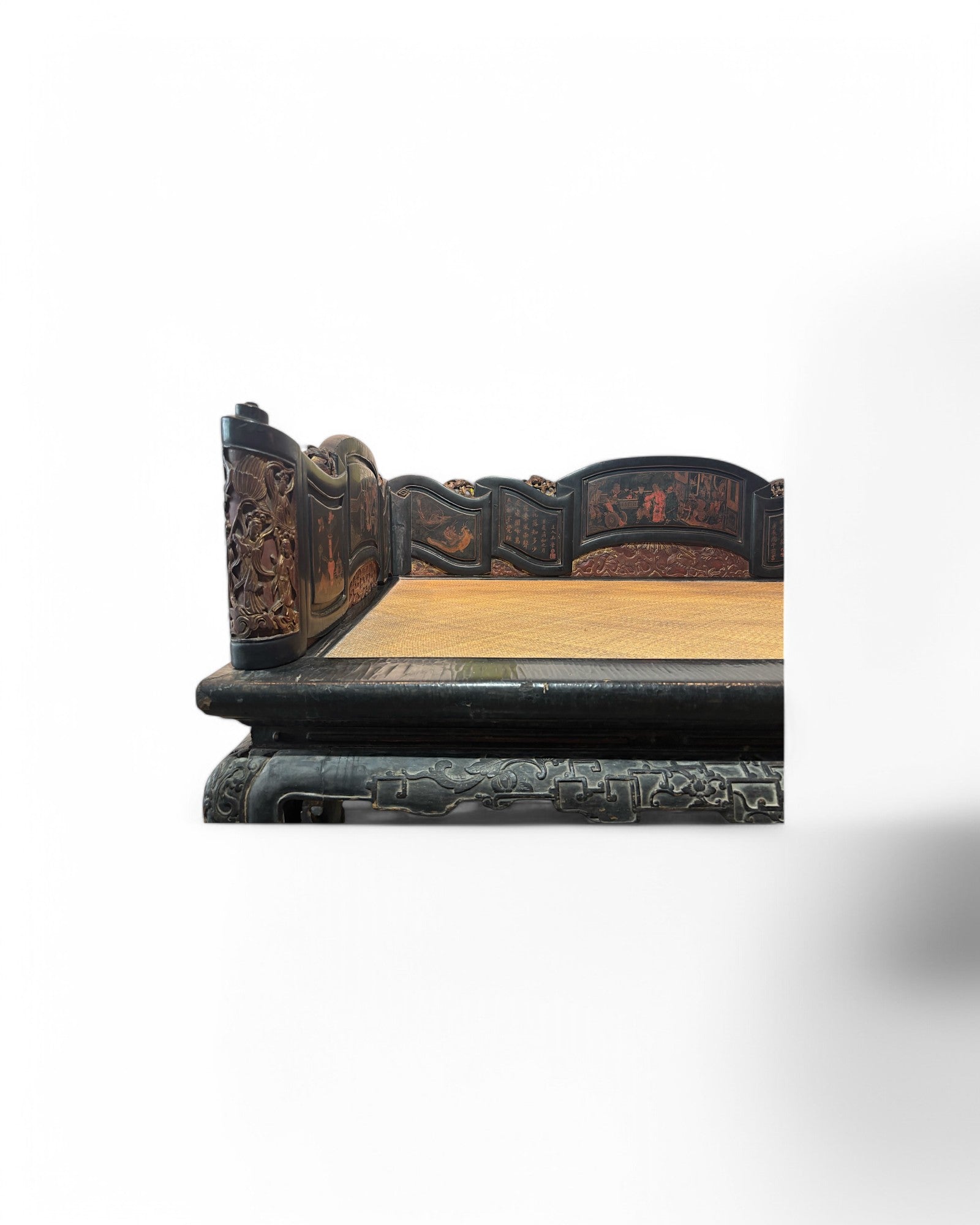 Fujian, Chazhou Black Lacquered Carved Lohan Daybed with Detailed Scenic Paintings