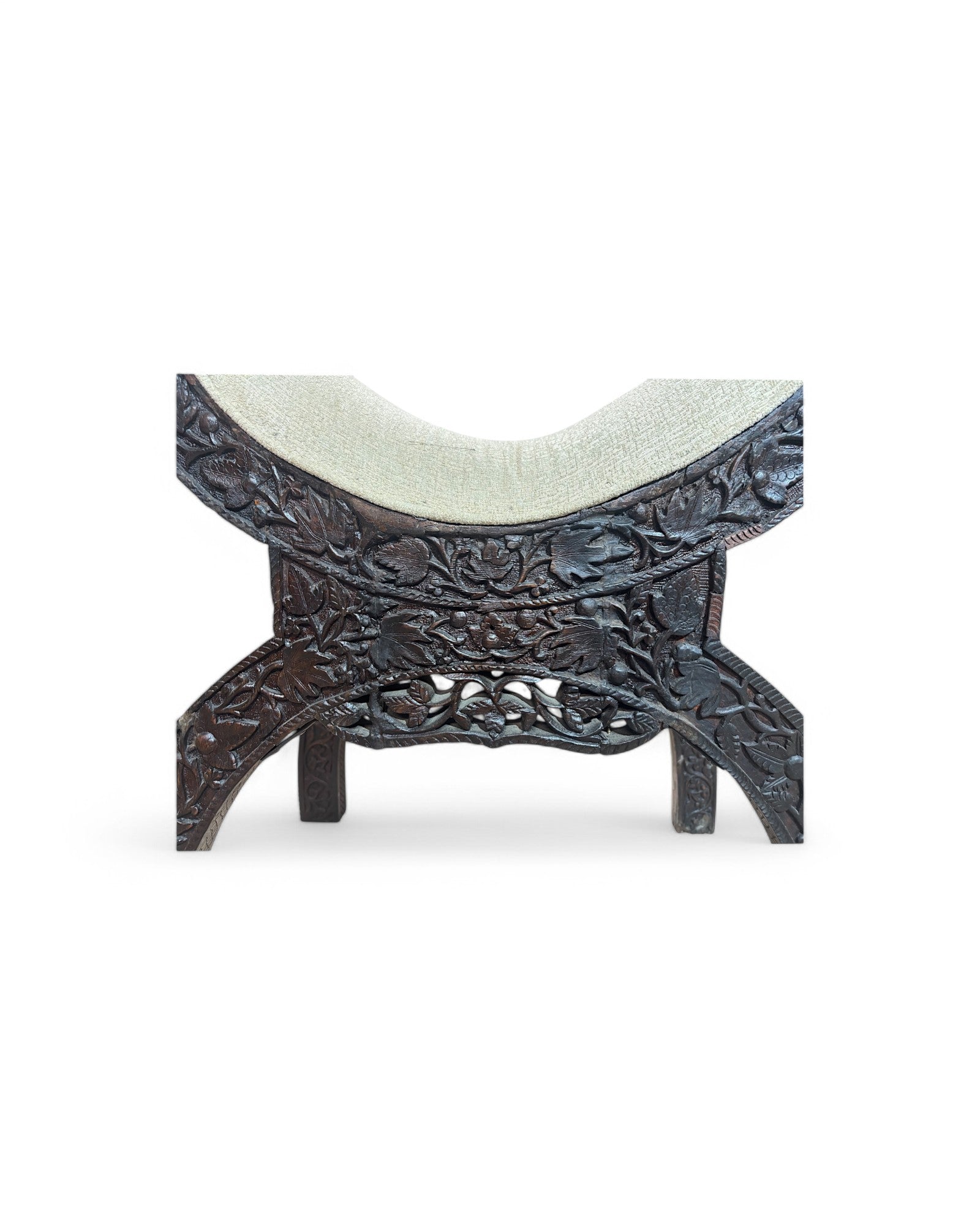 Anglo-Indian Teak Carved Window Seat with Cream Reupholstered Cushioning