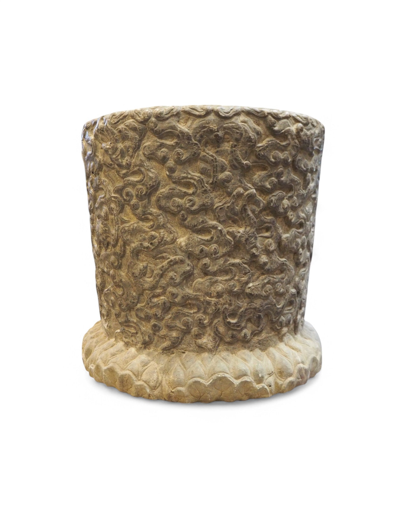 Cylindrical Chinese Limestone Carved Planters - Set of 2