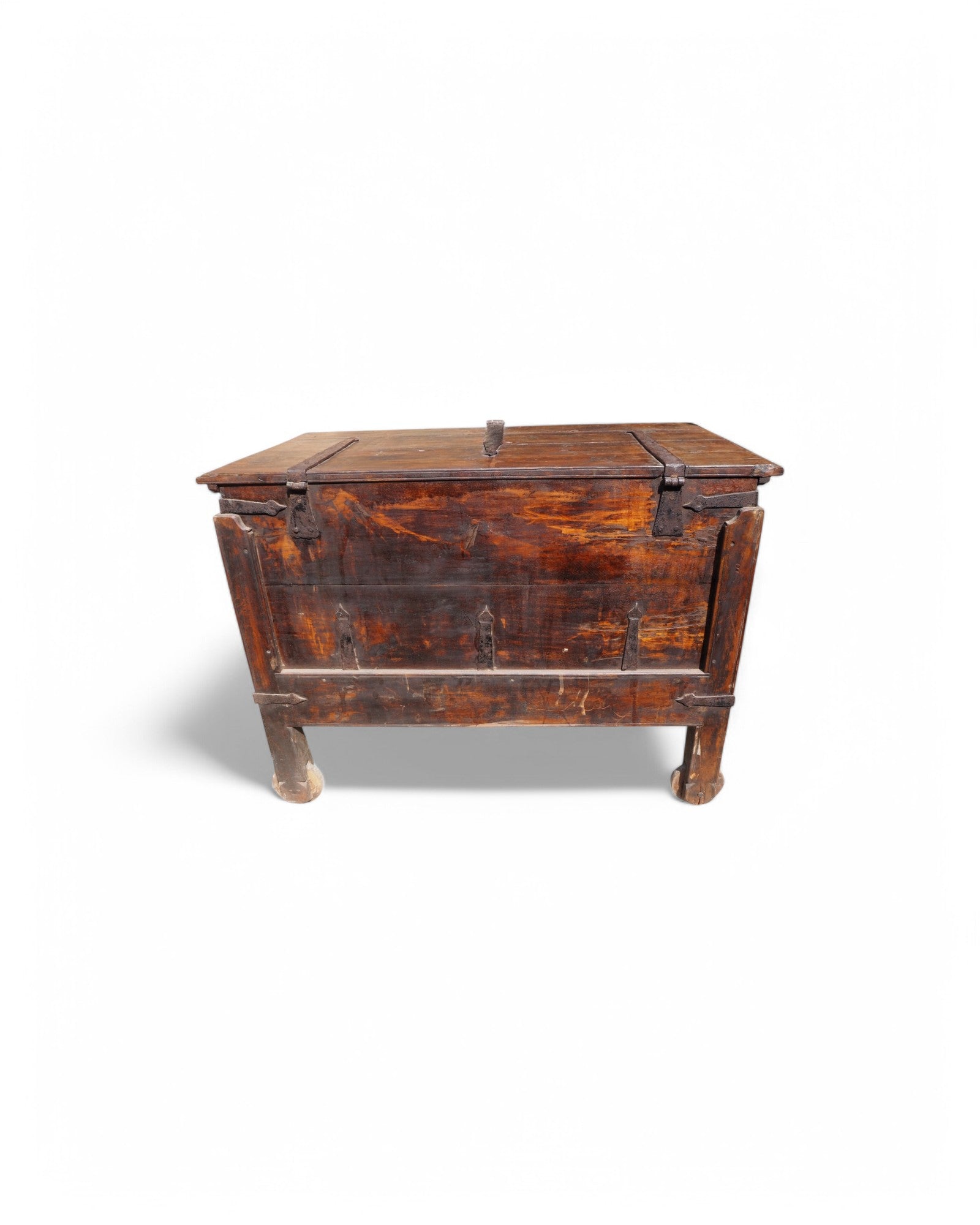 Antique Teak Goa Wheeled Storage Chest 1900s