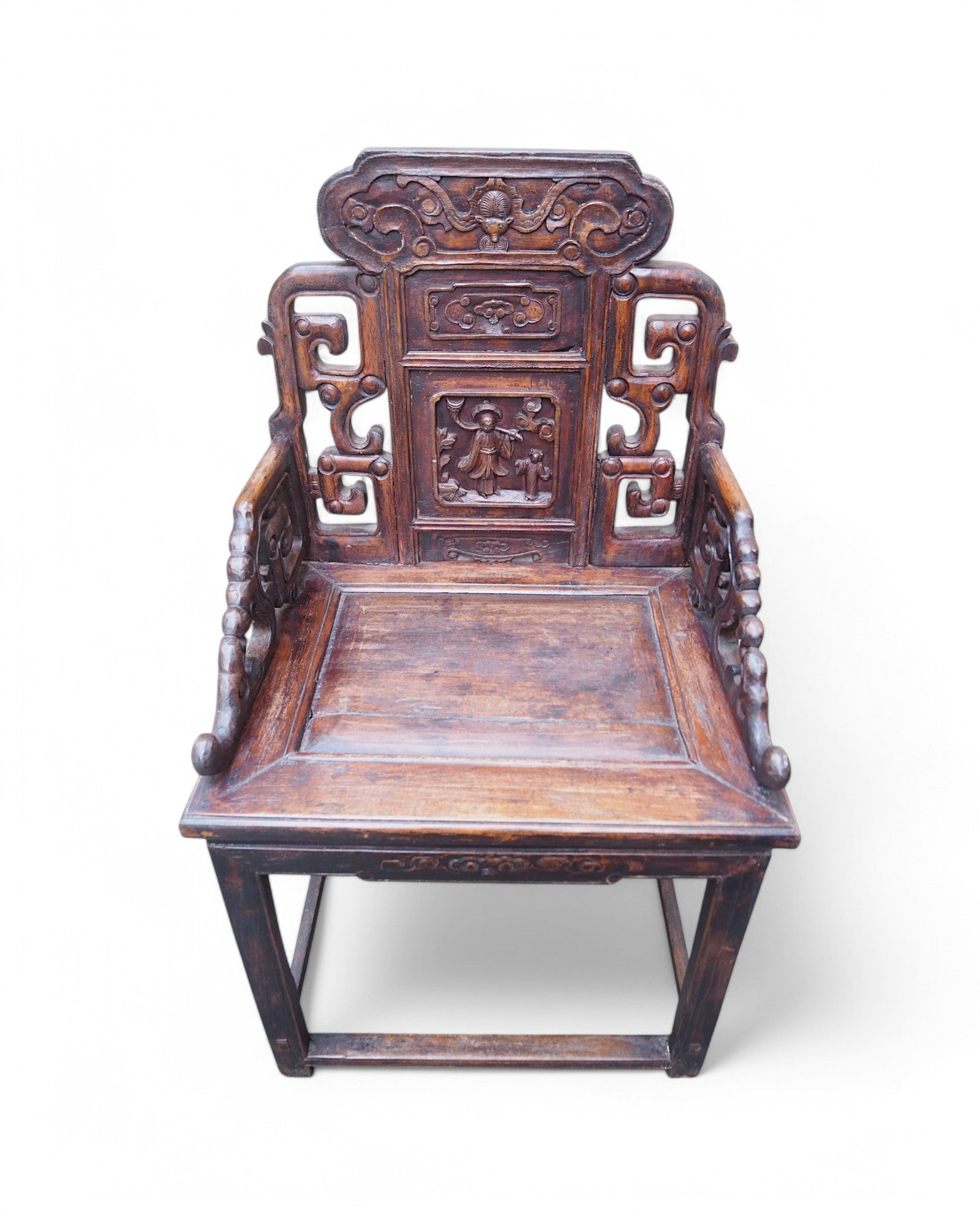 Antique Late Qing Cedar Daily Life Scenic Dining Armchairs - Set of 8