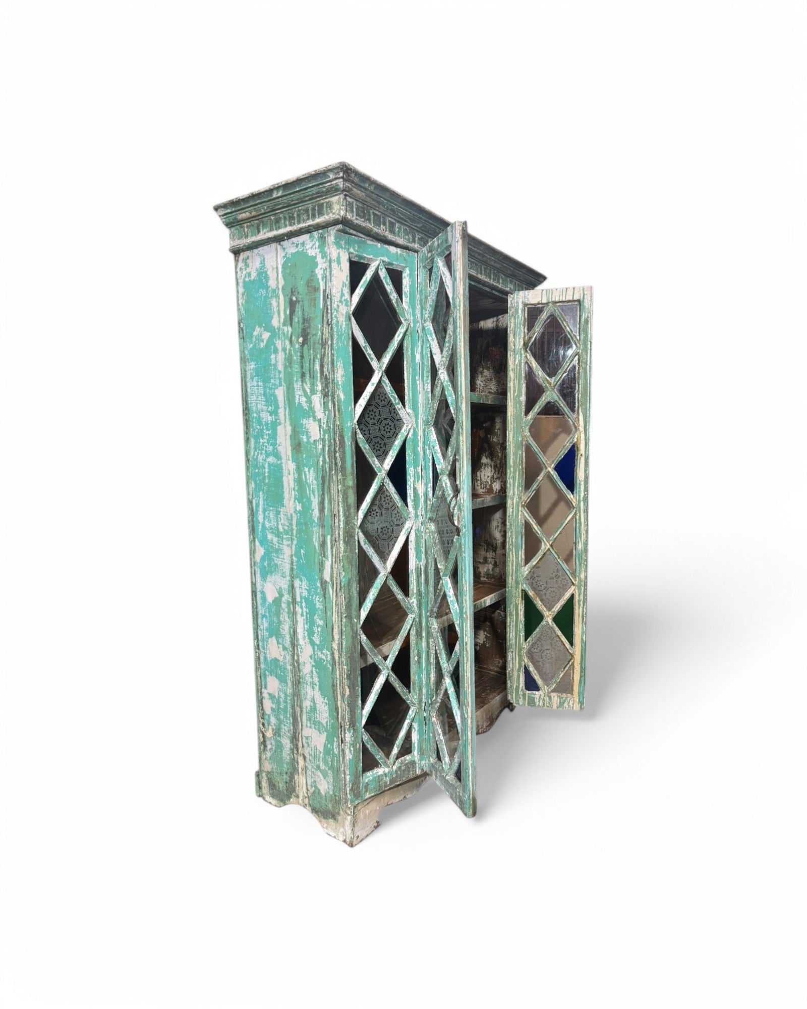 Turquoise Indian Teak Wood Almirah Cabinet with Paneled Foldable Glass Doors