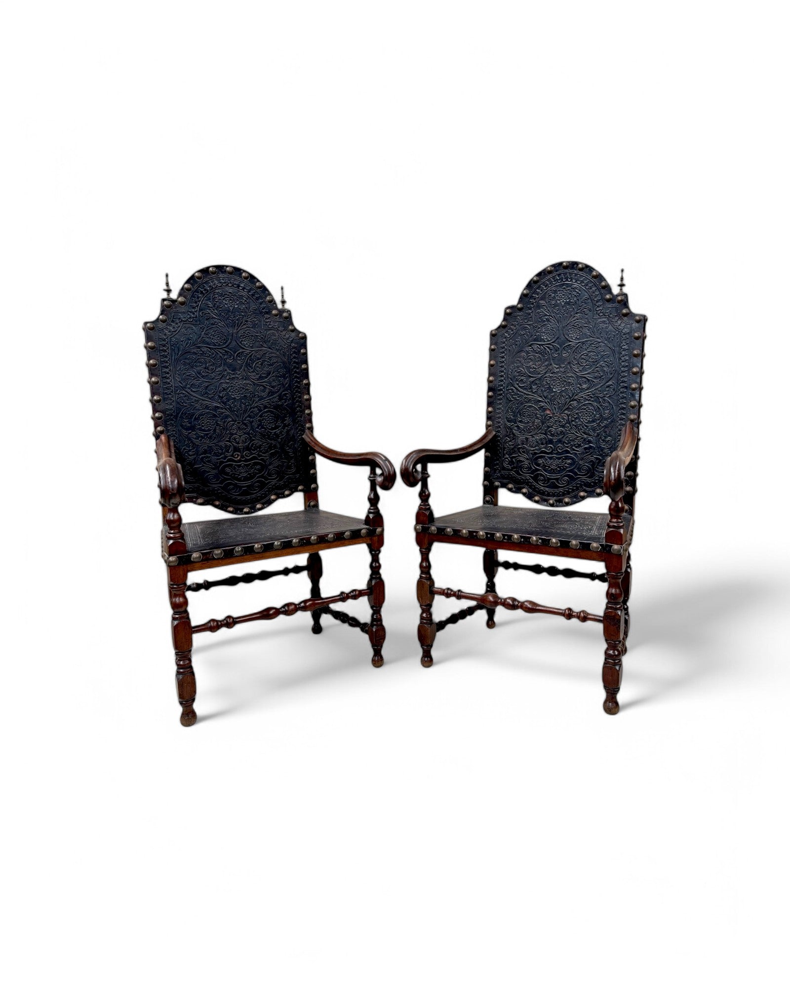 Portugese Embossed Leather Oakwood Dining Chairs - Set of 8