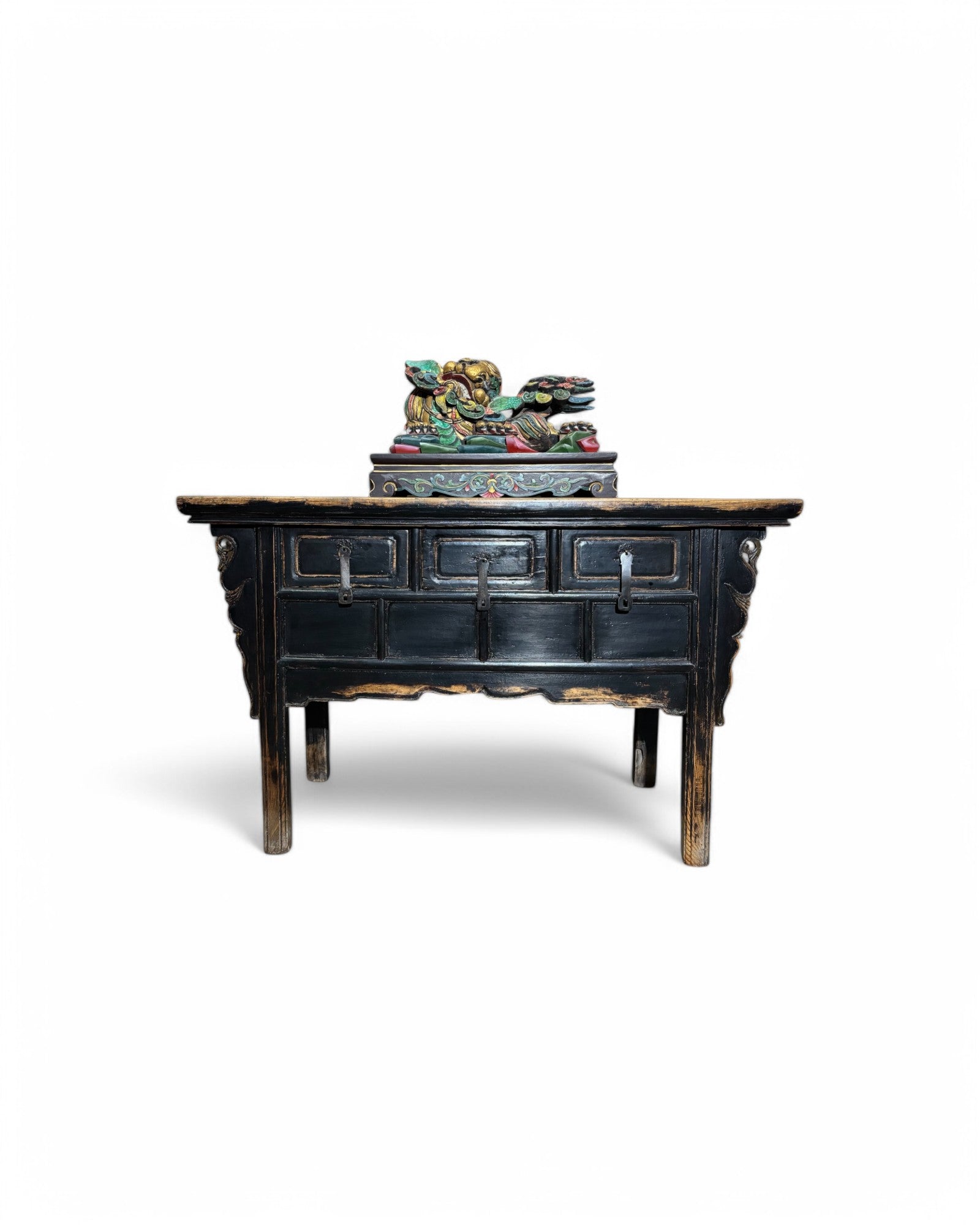 Faded Black Antique Chinese Sideboard with Tri-Drawers