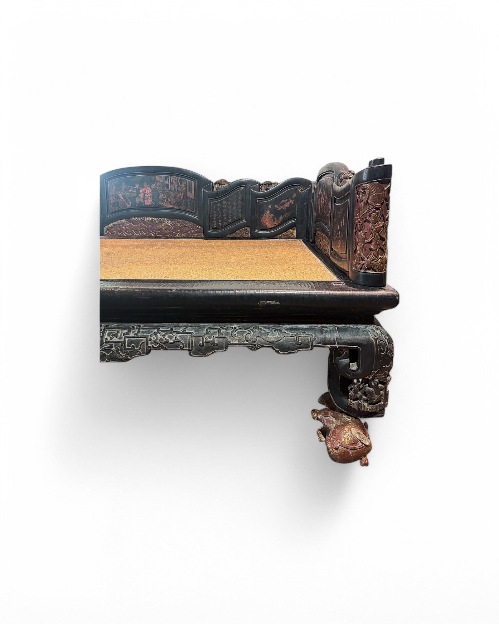 Fujian, Chazhou Black Lacquered Carved Lohan Daybed with Detailed Scenic Paintings