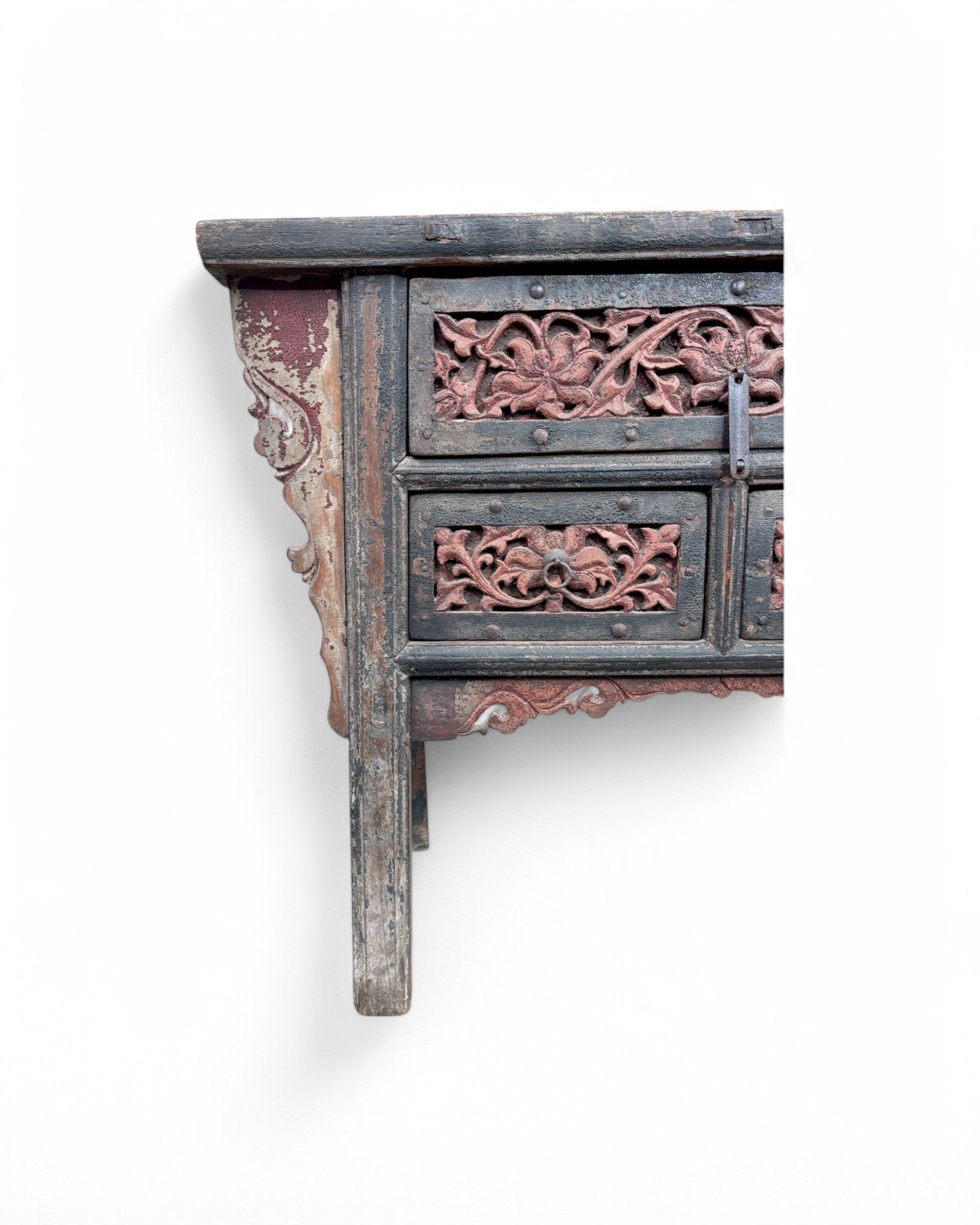 Antique Chinese Distressed Maroon & Black Floral Studded Sideboard