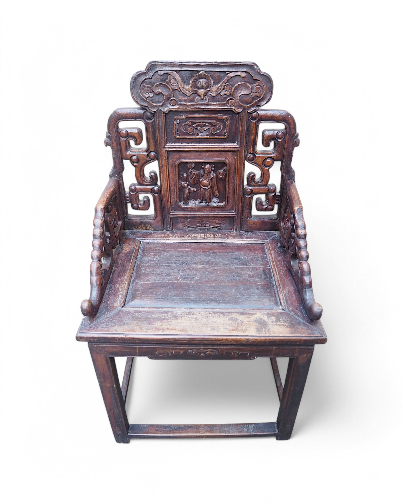 Antique Late Qing Cedar Daily Life Scenic Dining Armchairs - Set of 8