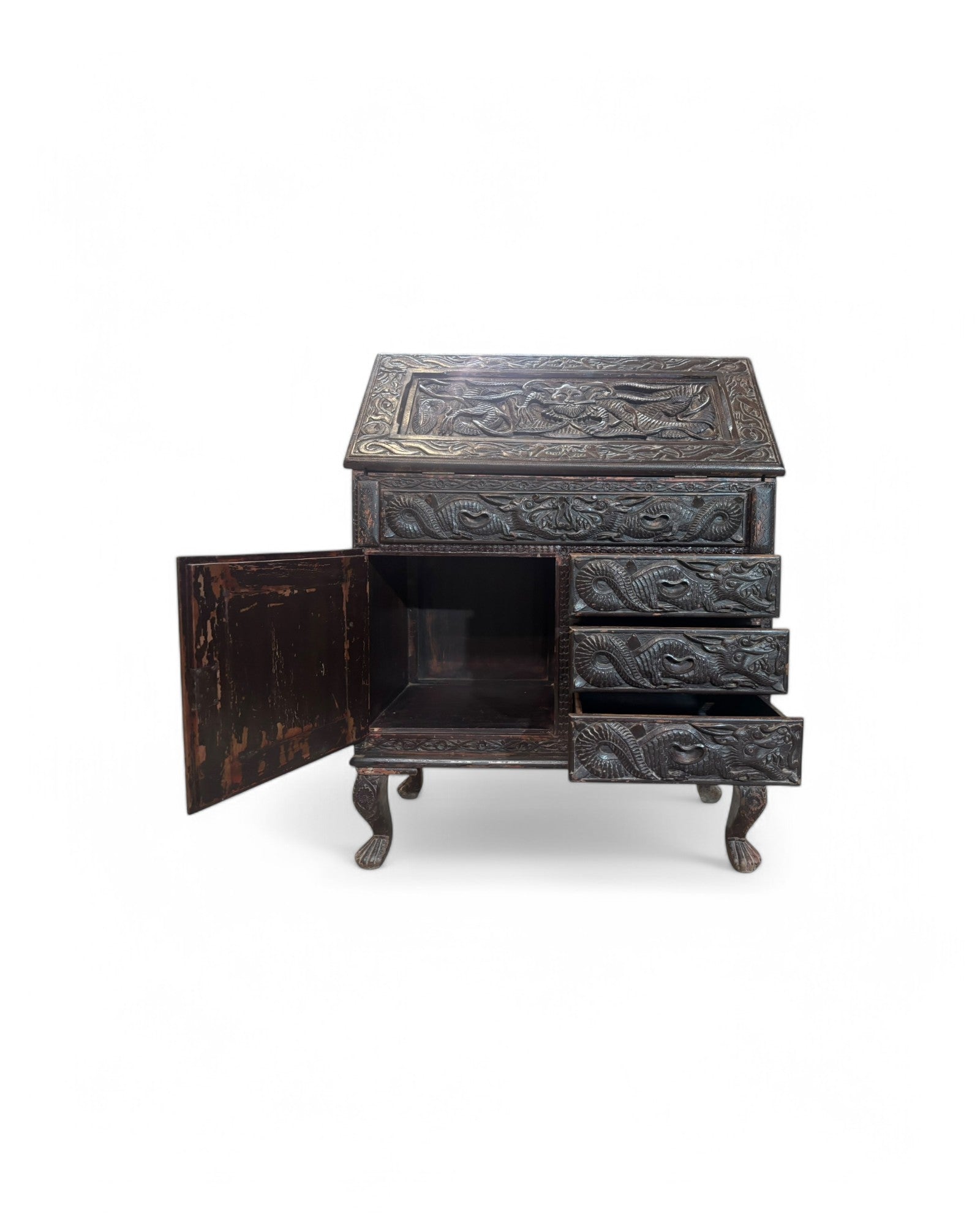 Anglo-Indian Dragon Carved Walnut Antique Bureau Writing Desk