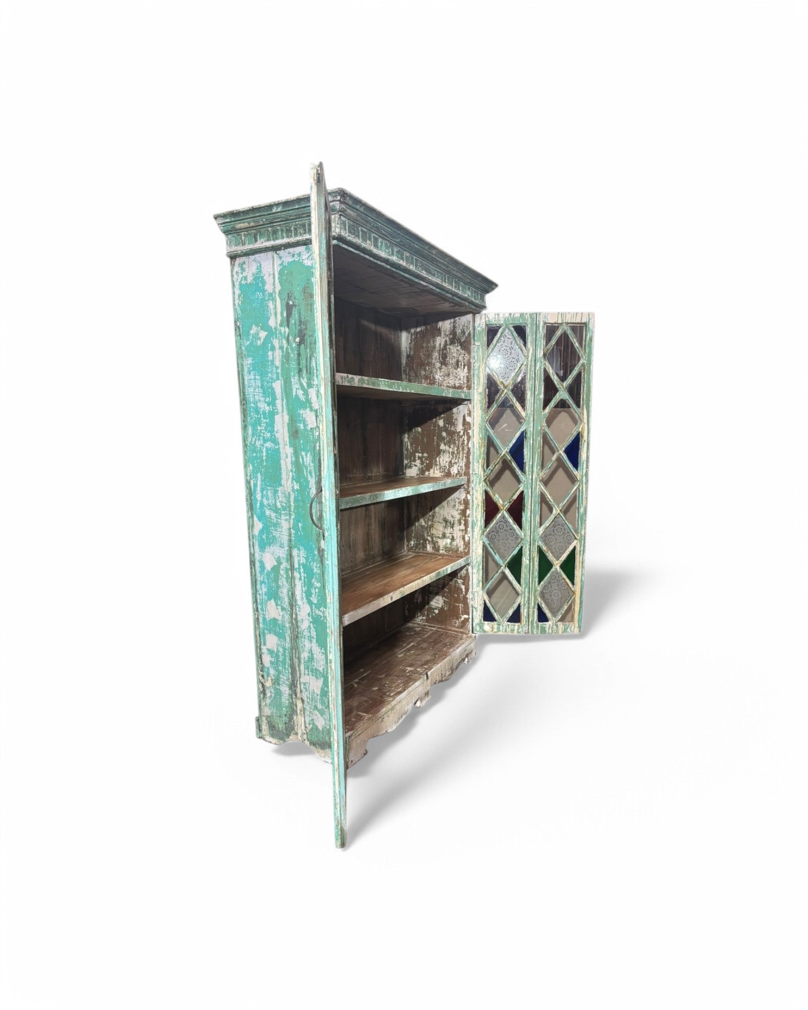Turquoise Indian Teak Wood Almirah Cabinet with Paneled Foldable Glass Doors
