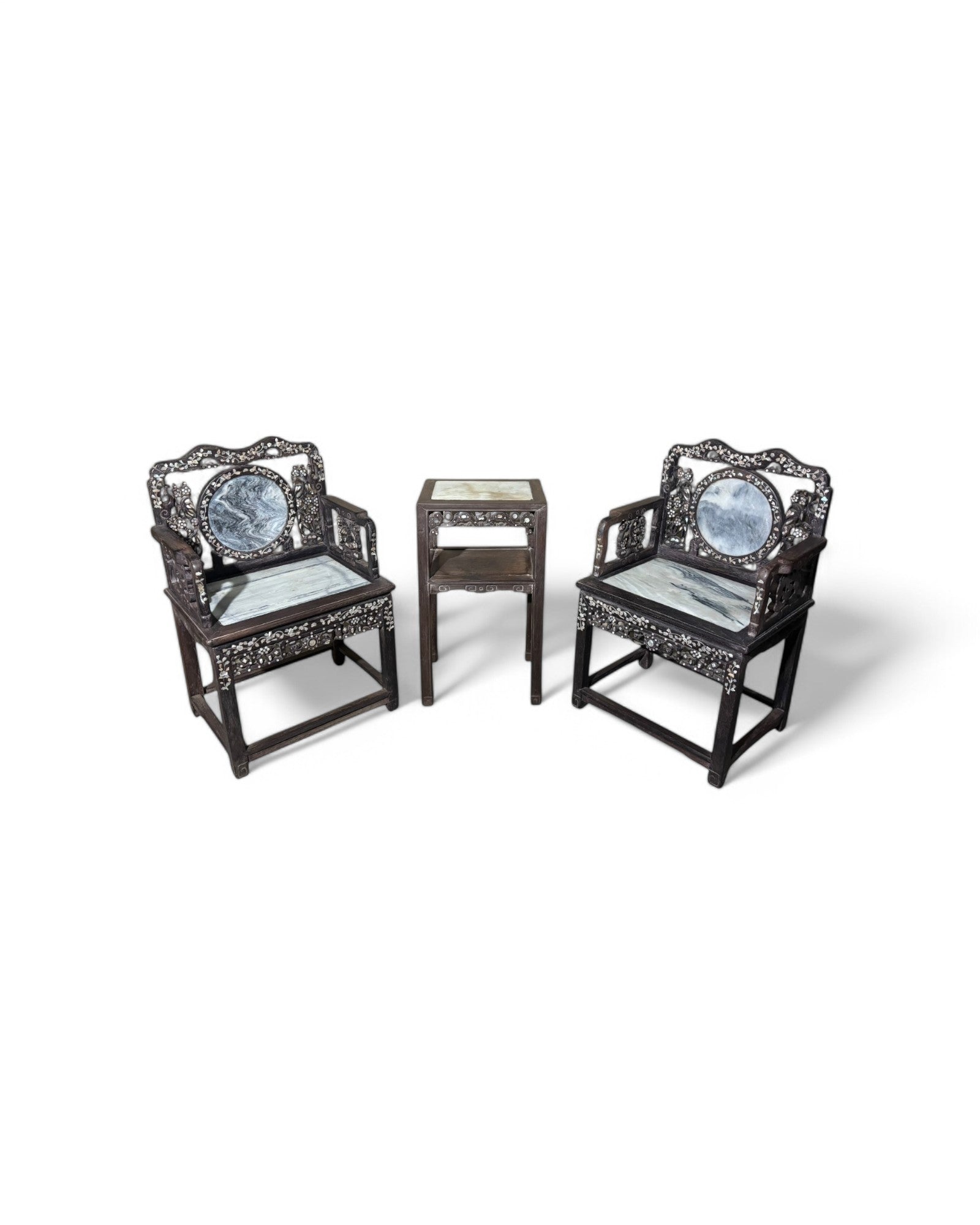 Chinese Pearl & Marble Engraved Tea Table Set - Set of 3