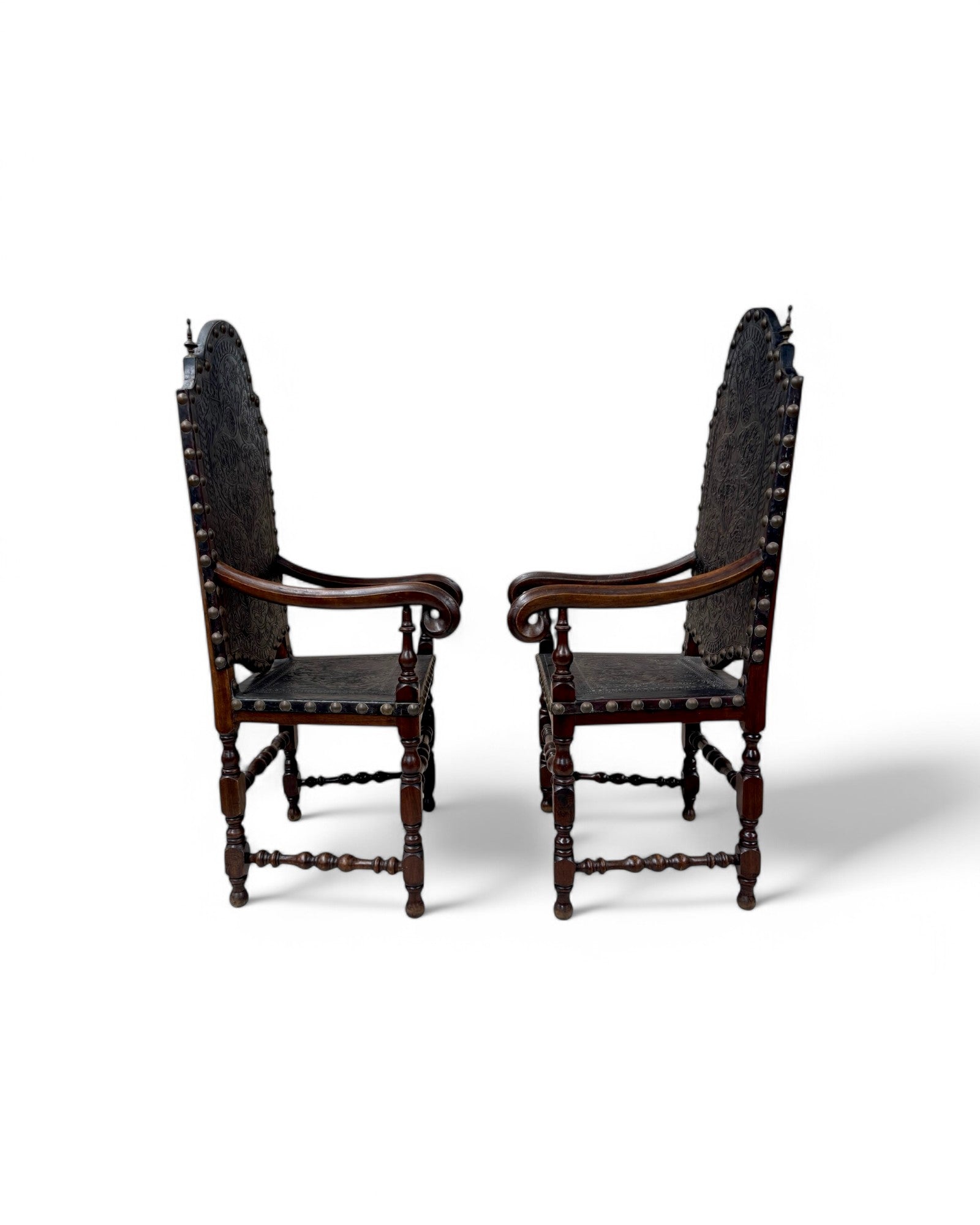 Portugese Embossed Leather Oakwood Dining Chairs - Set of 8