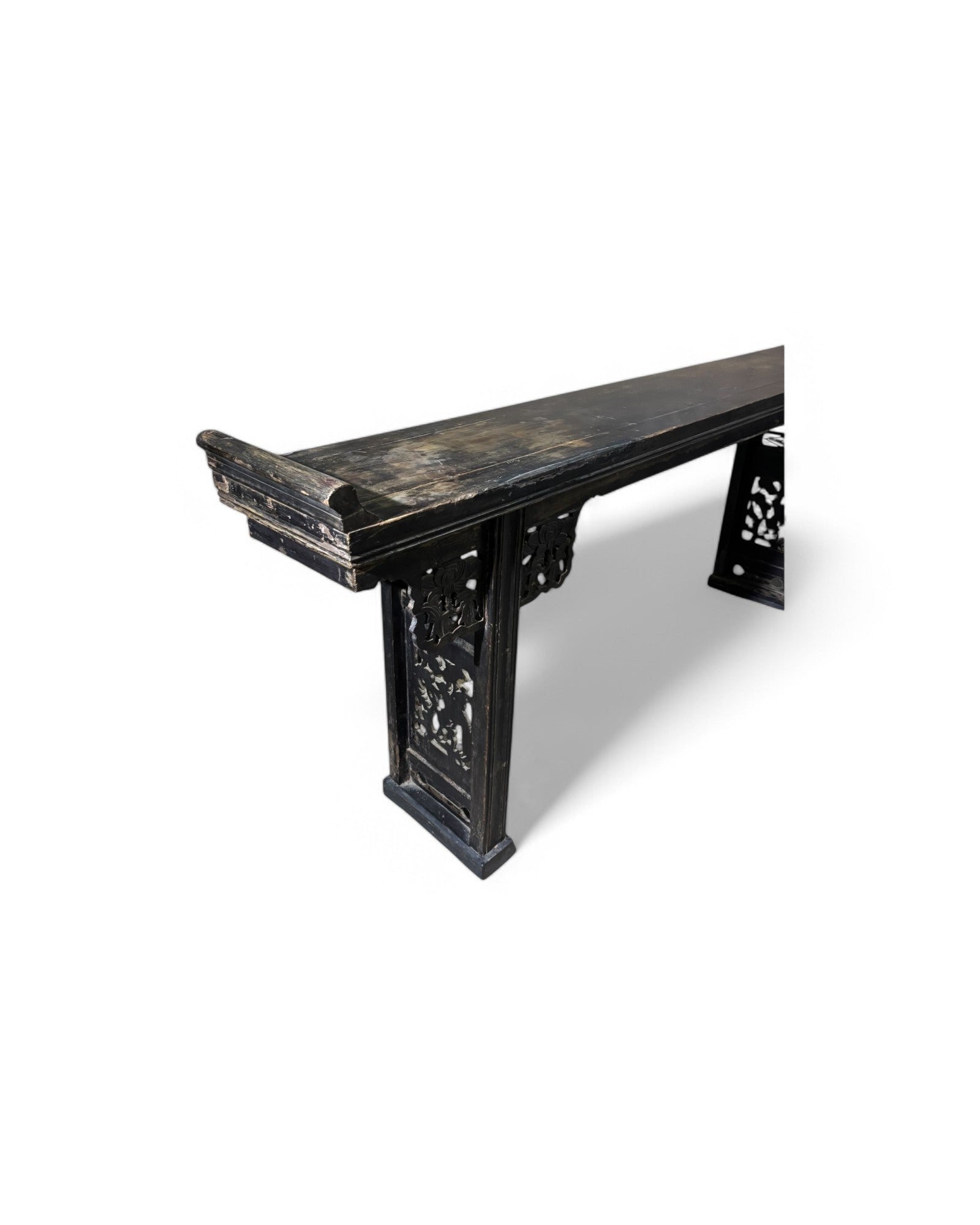 Black Antique Chinese Console Table with Floral Engravings
