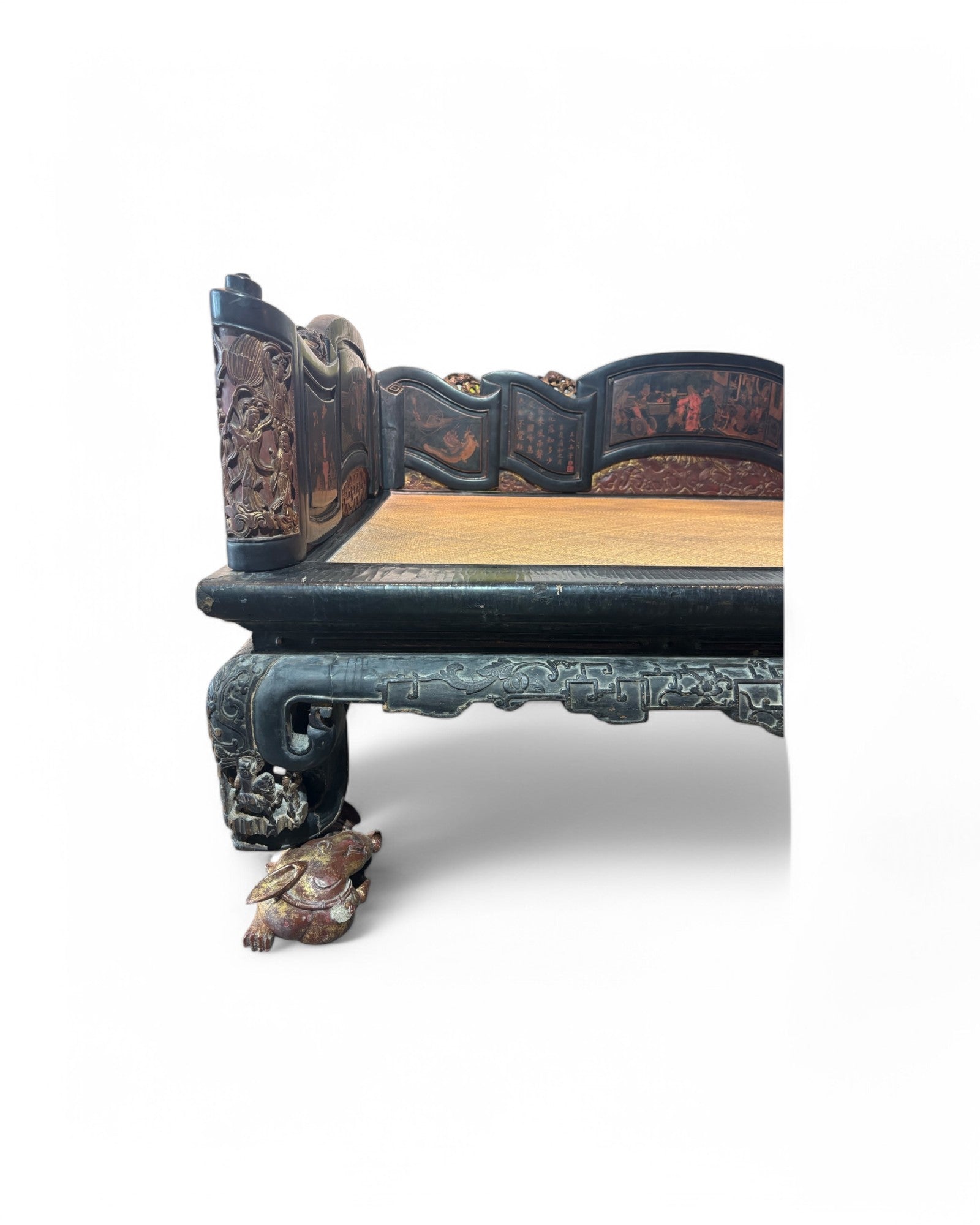 Fujian, Chazhou Black Lacquered Carved Lohan Daybed with Detailed Scenic Paintings