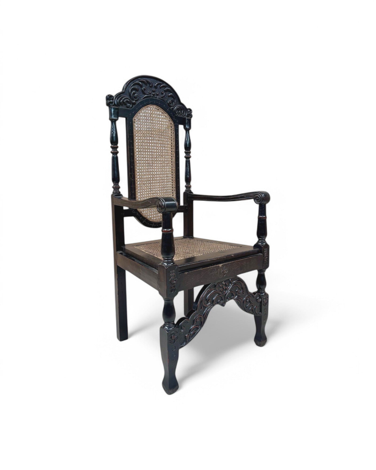 Grand Renaissance Hand Carved Oak & Caned Armchairs - Set of 6
