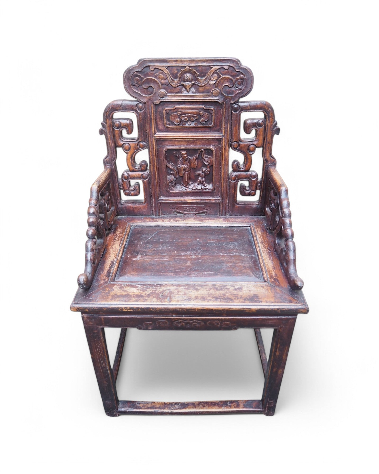 Antique Late Qing Cedar Daily Life Scenic Dining Armchairs - Set of 8