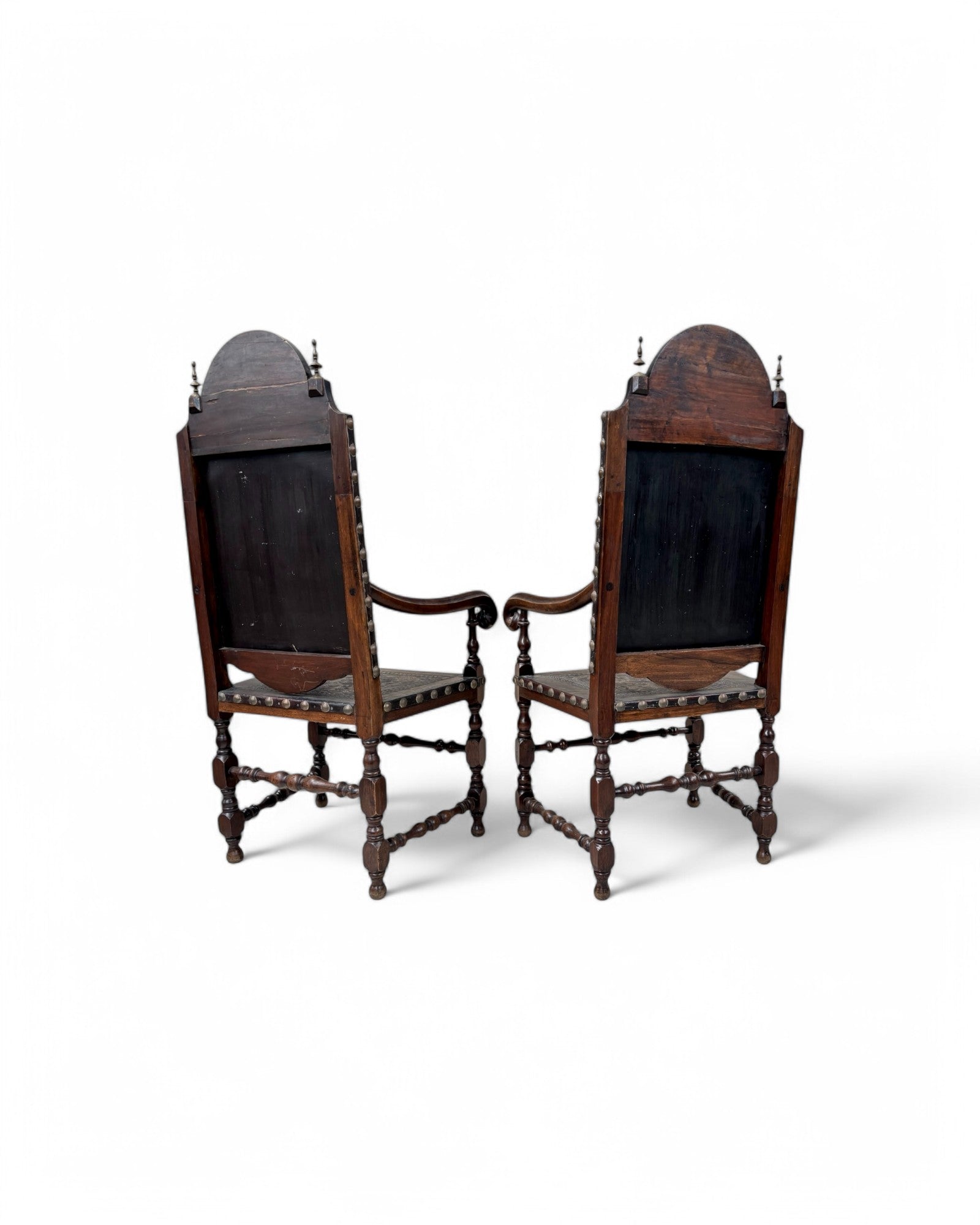 Portugese Embossed Leather Oakwood Dining Chairs - Set of 8