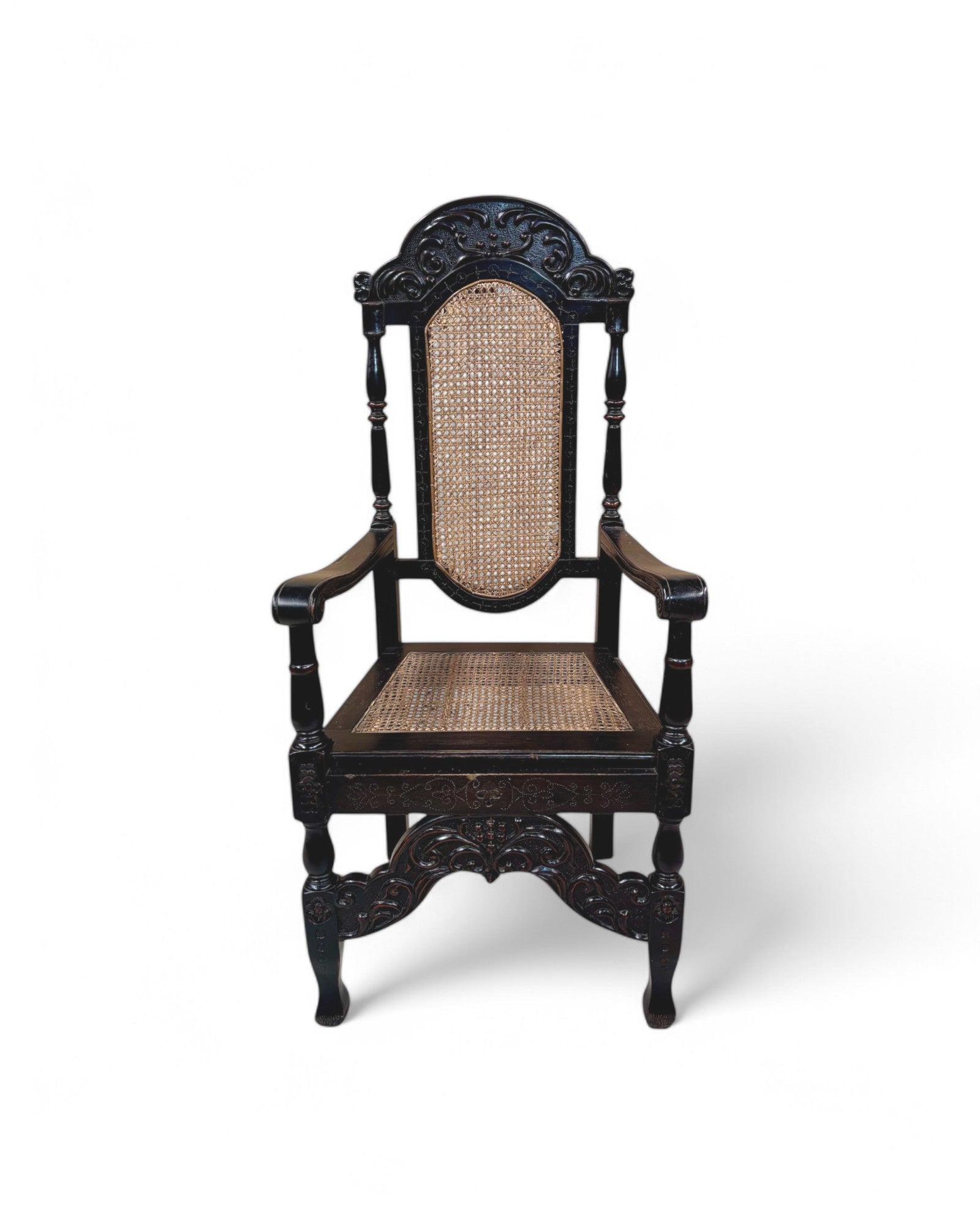 Grand Renaissance Hand Carved Oak & Caned Armchairs - Set of 6