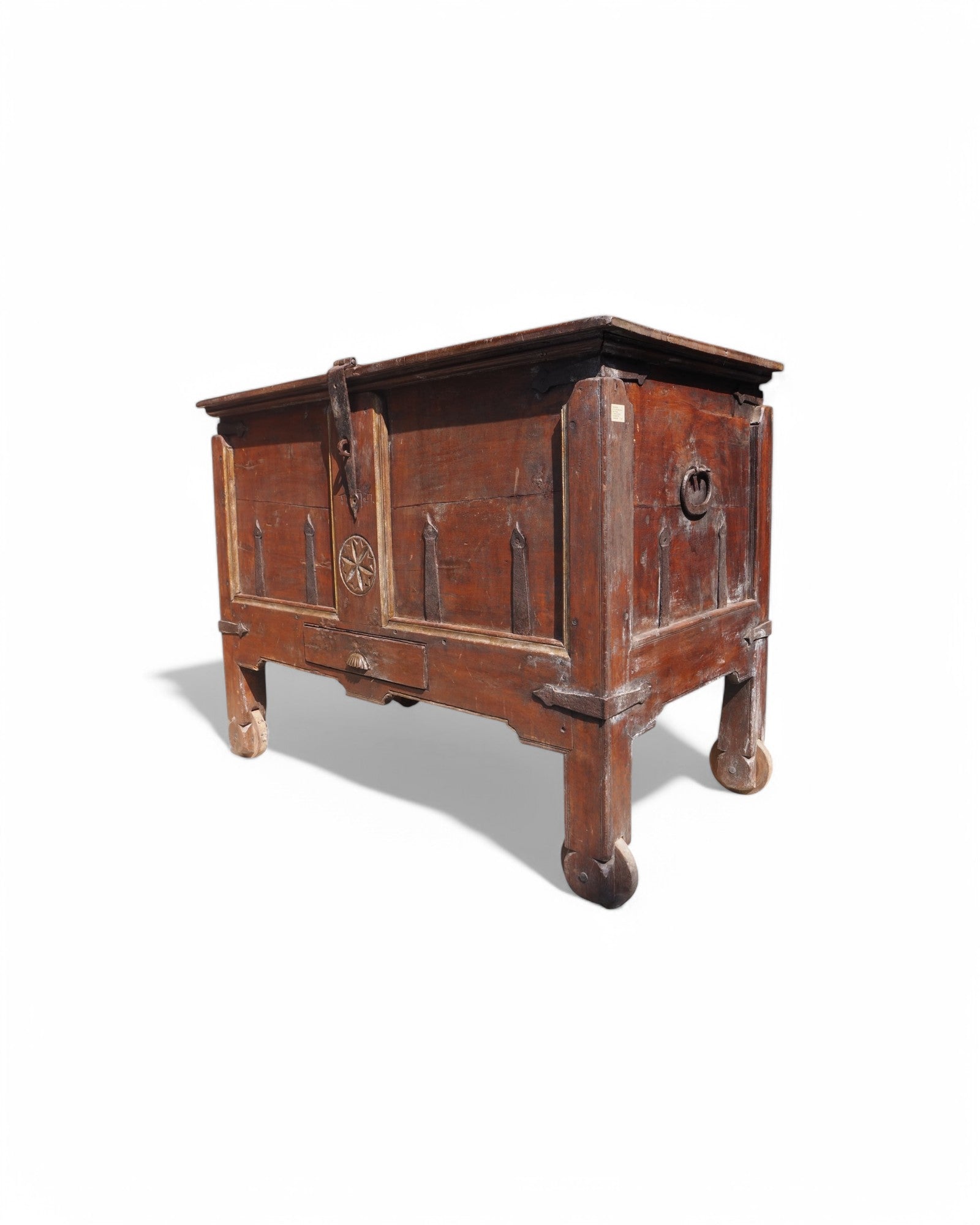 Antique Teak Goa Wheeled Storage Chest 1900s