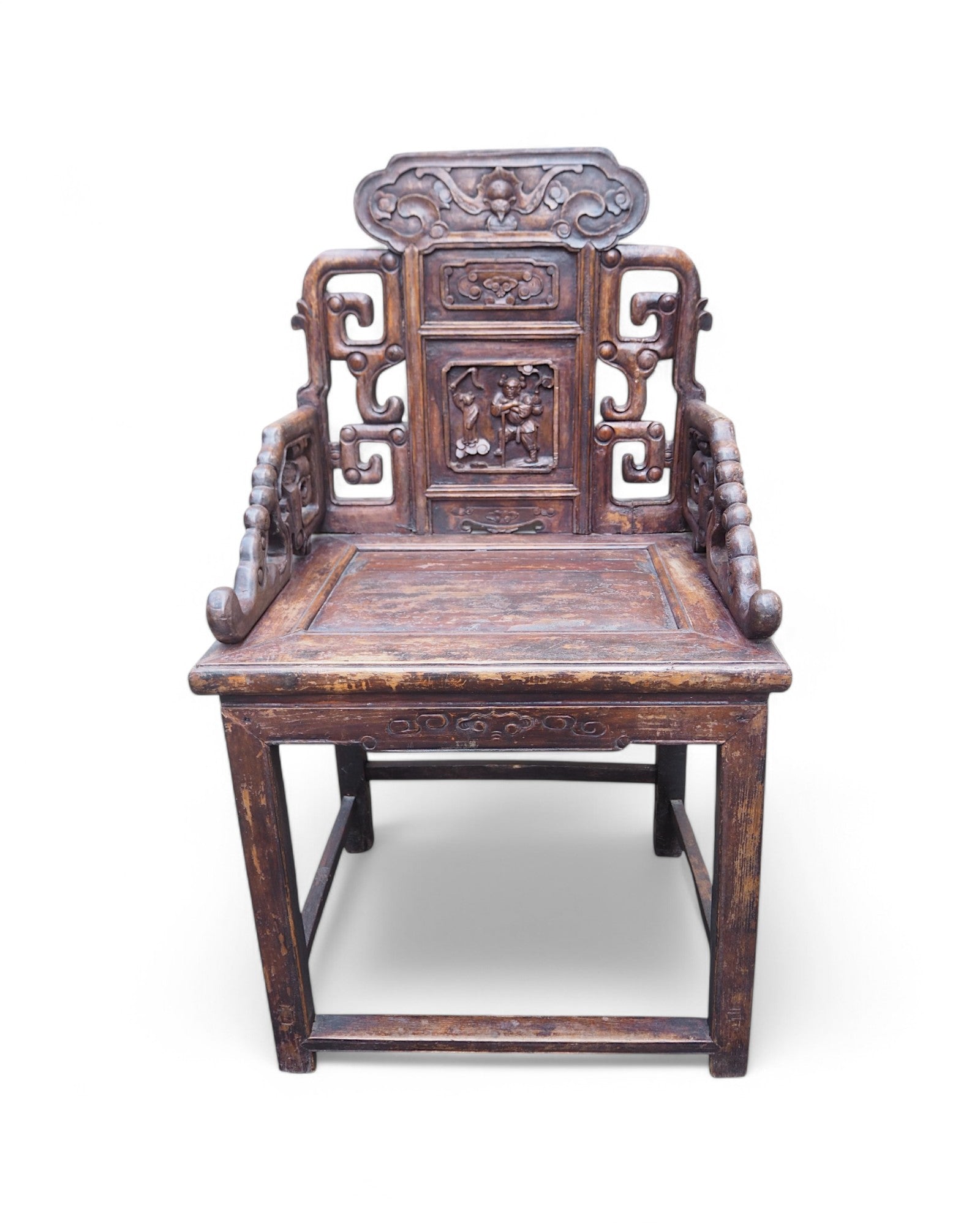 Antique Late Qing Cedar Daily Life Scenic Dining Armchairs - Set of 8