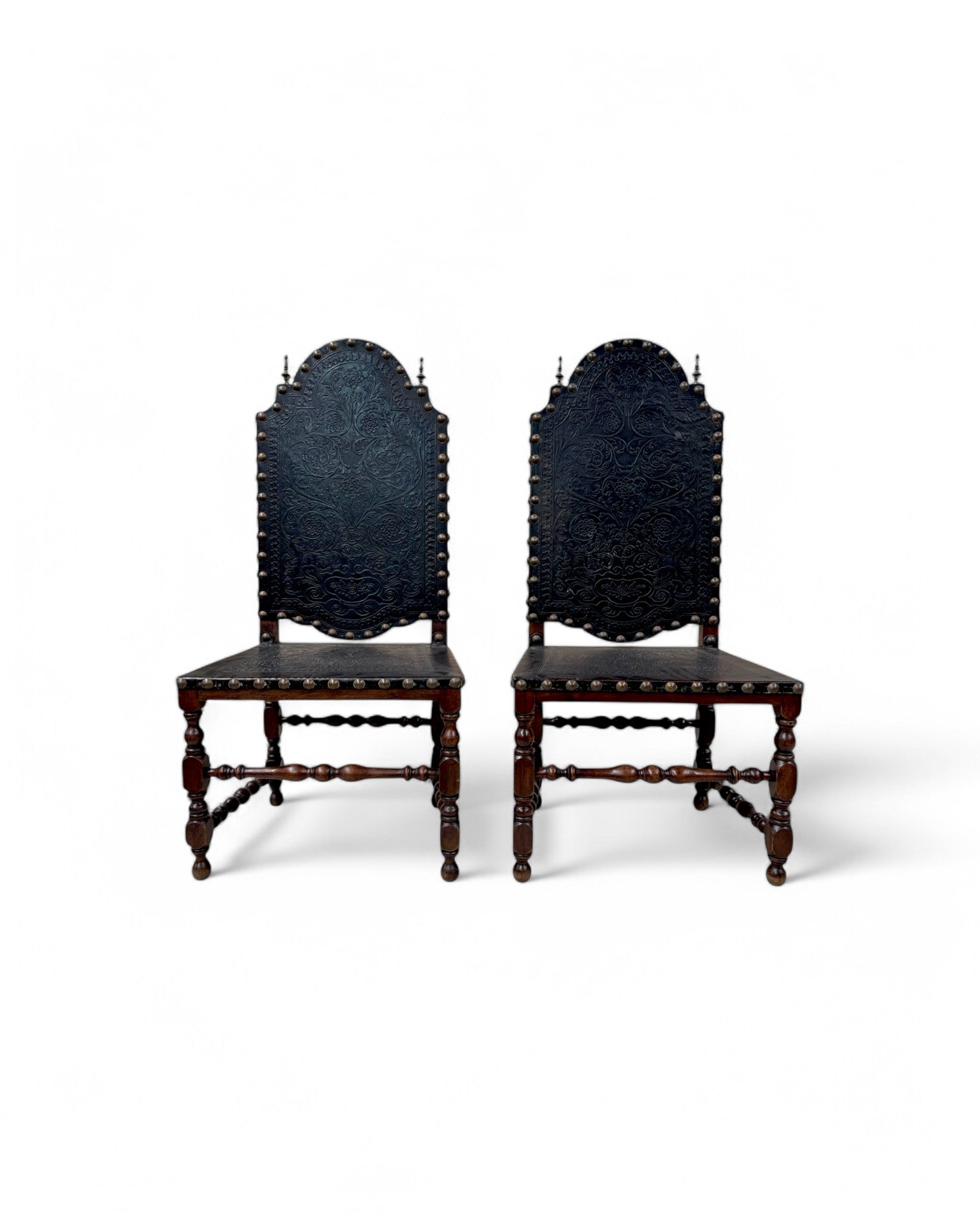 Portugese Embossed Leather Oakwood Dining Chairs - Set of 8