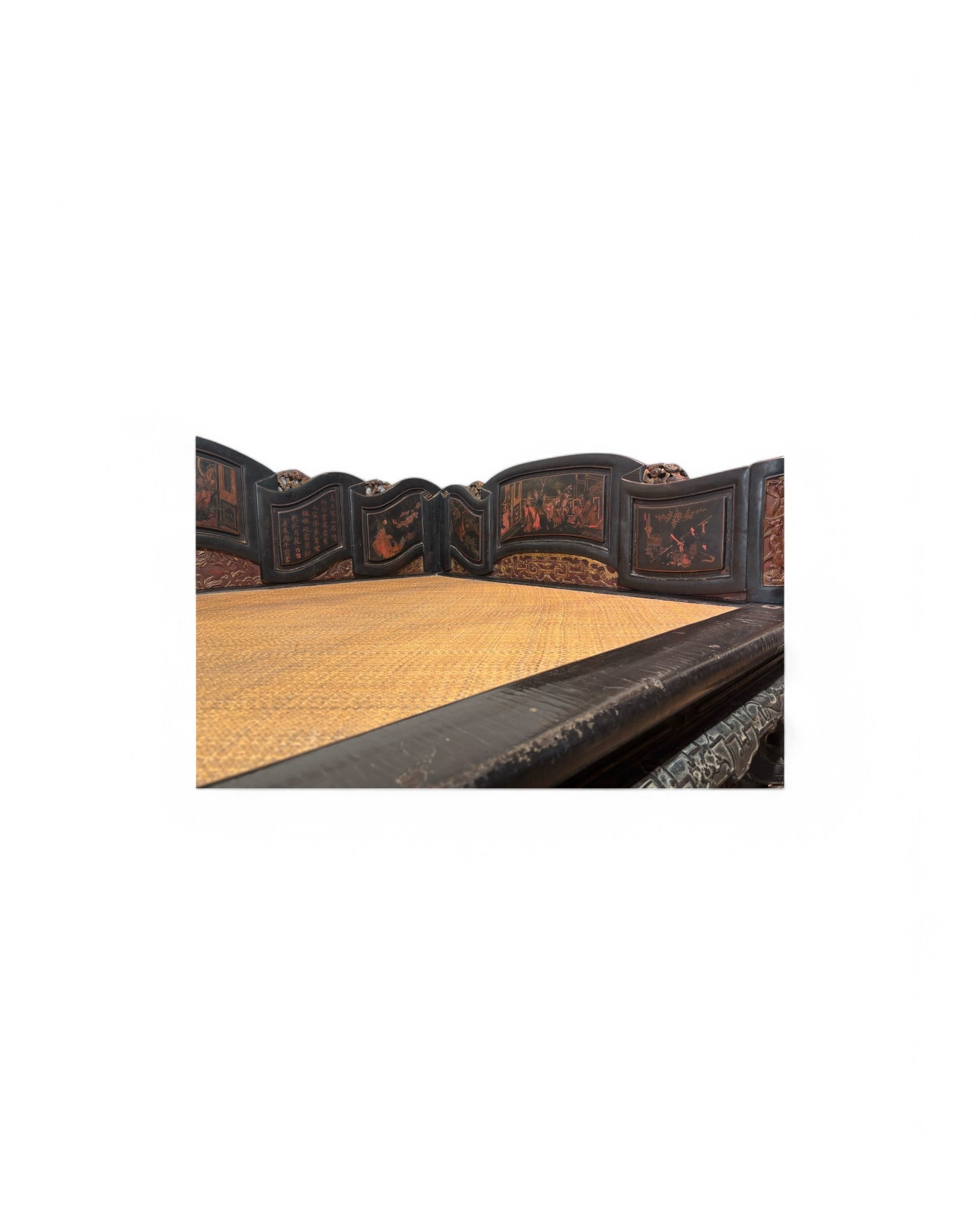 Fujian, Chazhou Black Lacquered Carved Lohan Daybed with Detailed Scenic Paintings