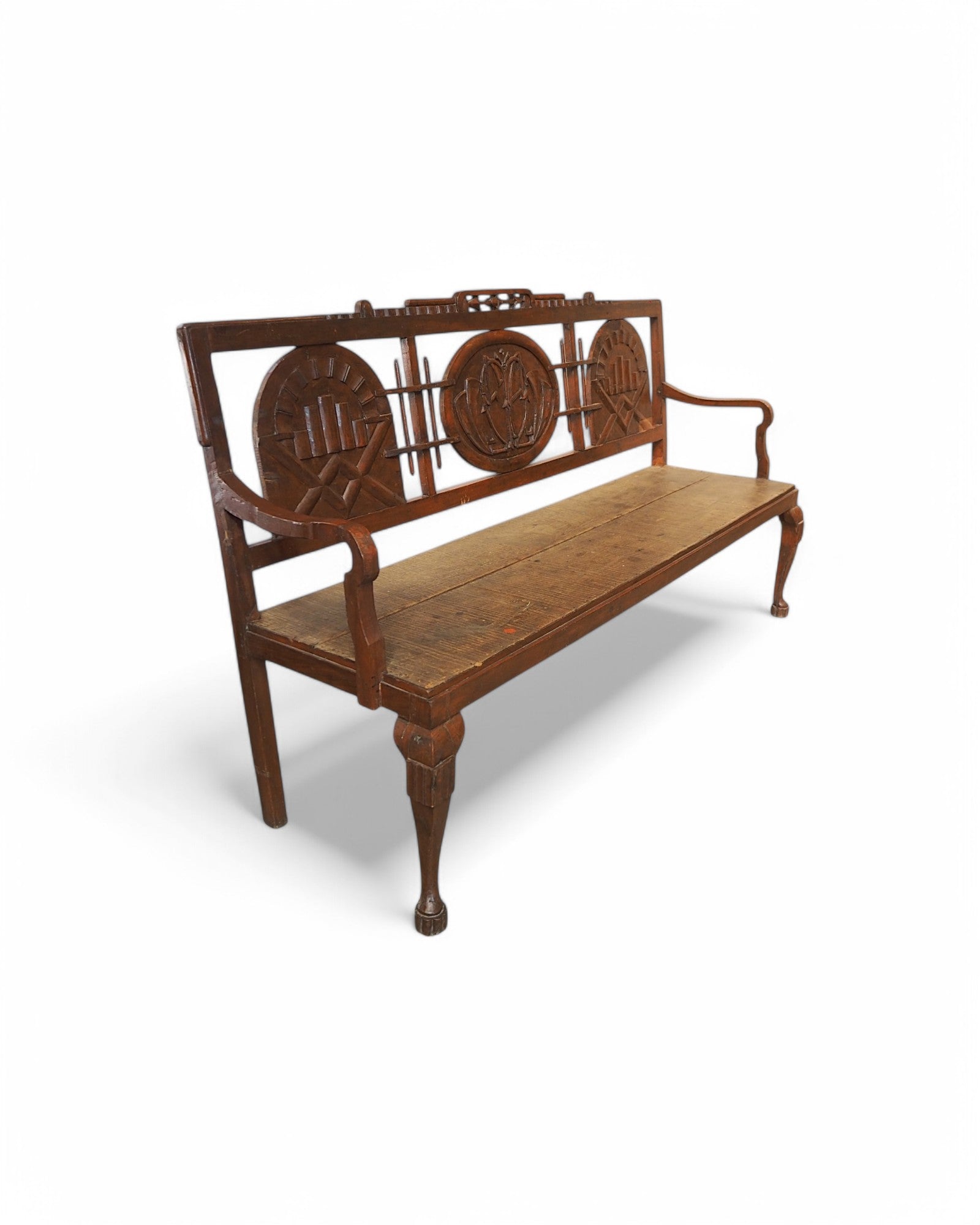 1920s Colonial Carved Emblem Teak Bench - Surround Living - 10