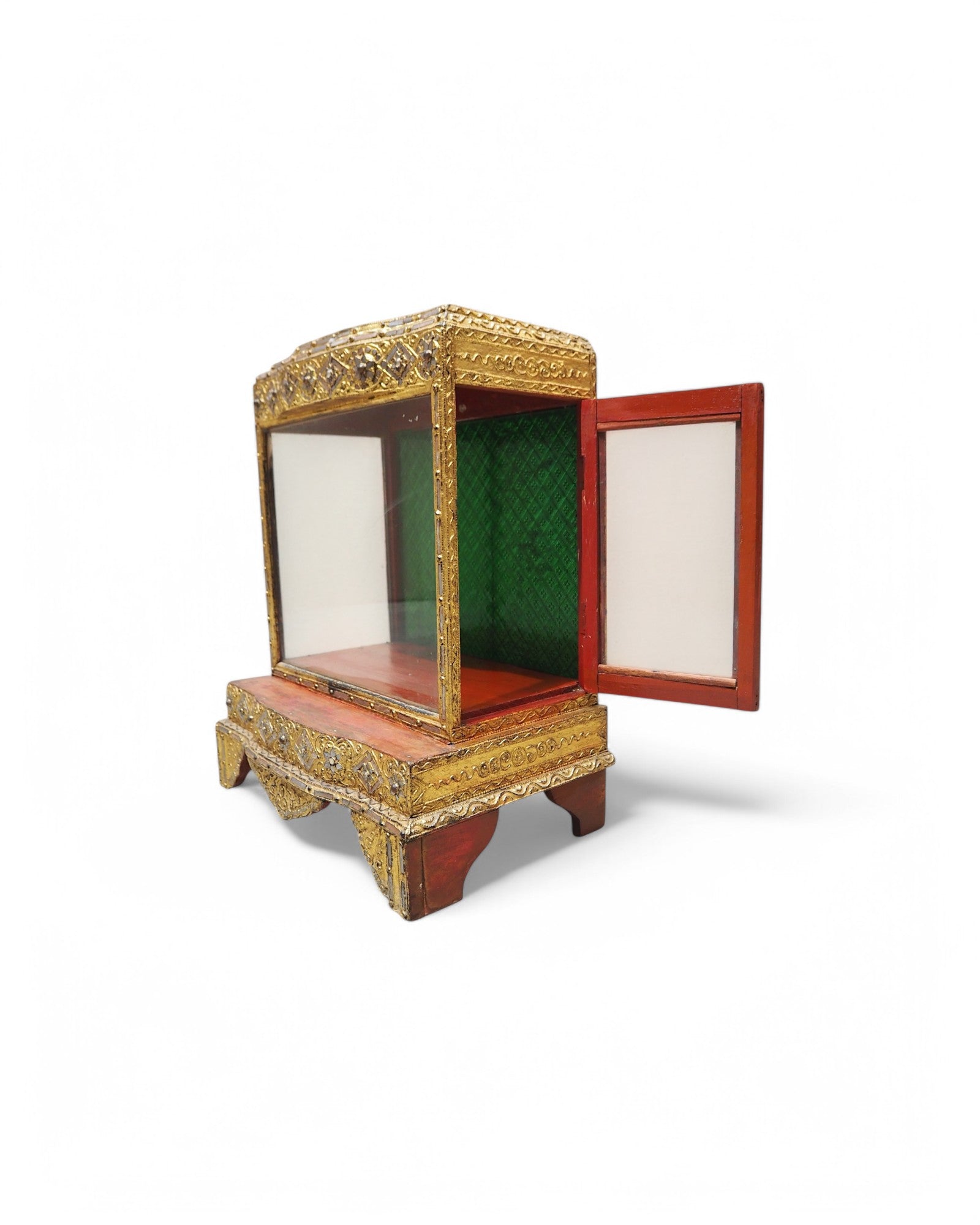 Antique Burmese Wooden Buddha Shrine with Emerald Backdrop