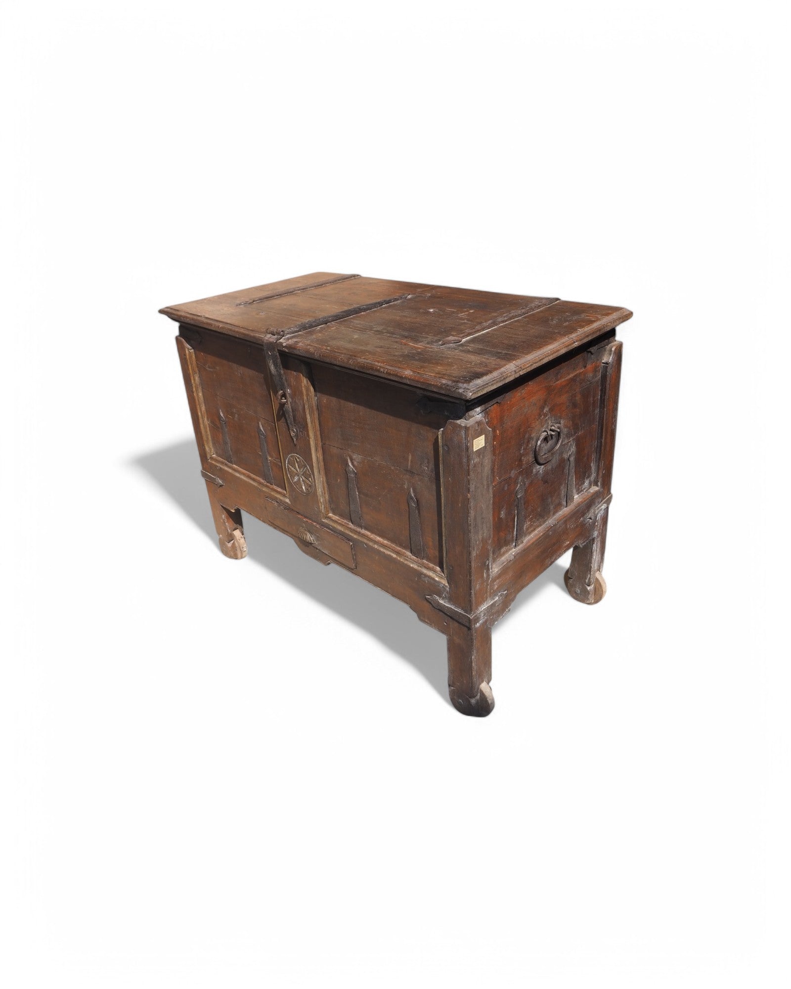 Antique Teak Goa Wheeled Storage Chest 1900s