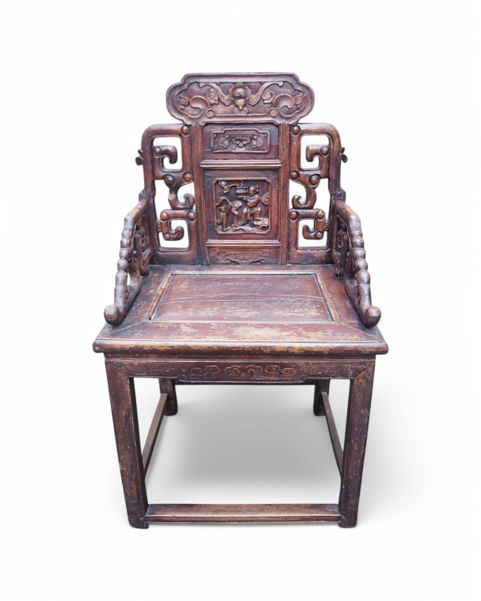 Antique Late Qing Cedar Daily Life Scenic Dining Armchairs - Set of 8